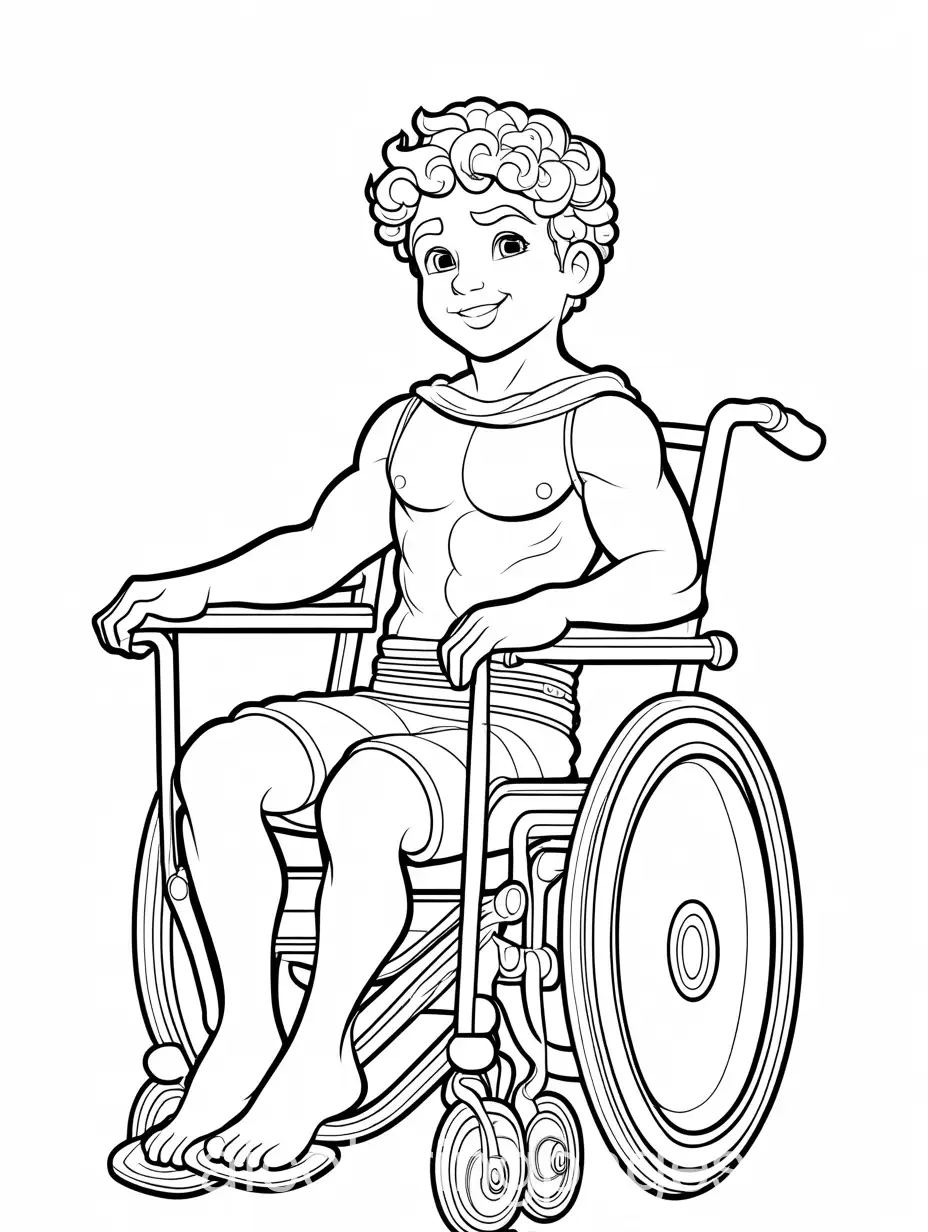 small child on wheelchair full view dressing up as hercules smiling, Coloring Page, black and white, line art, white background, Simplicity, Ample White Space