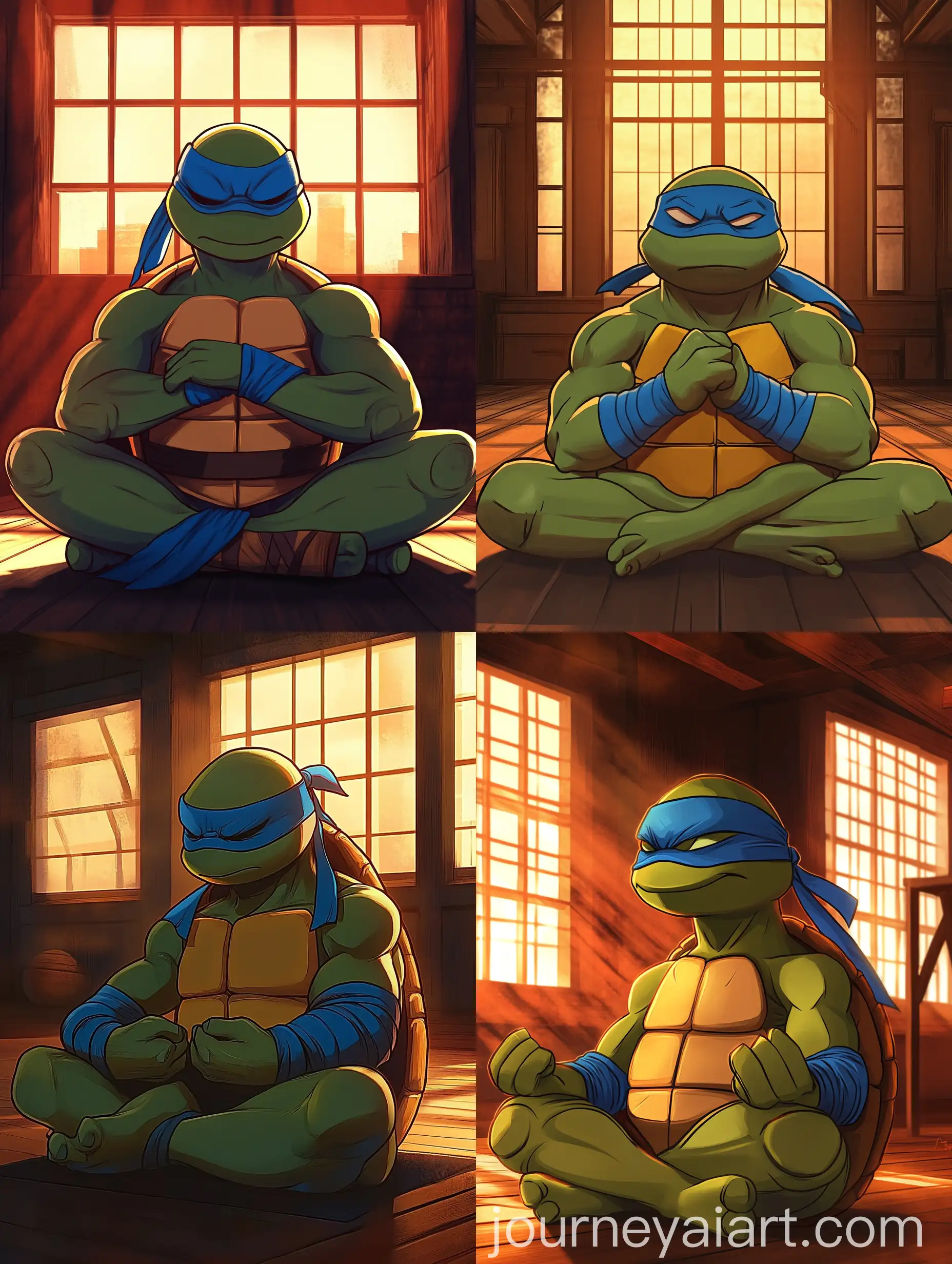 Cartoon-Character-Meditating-in-Sunsetlit-Gym