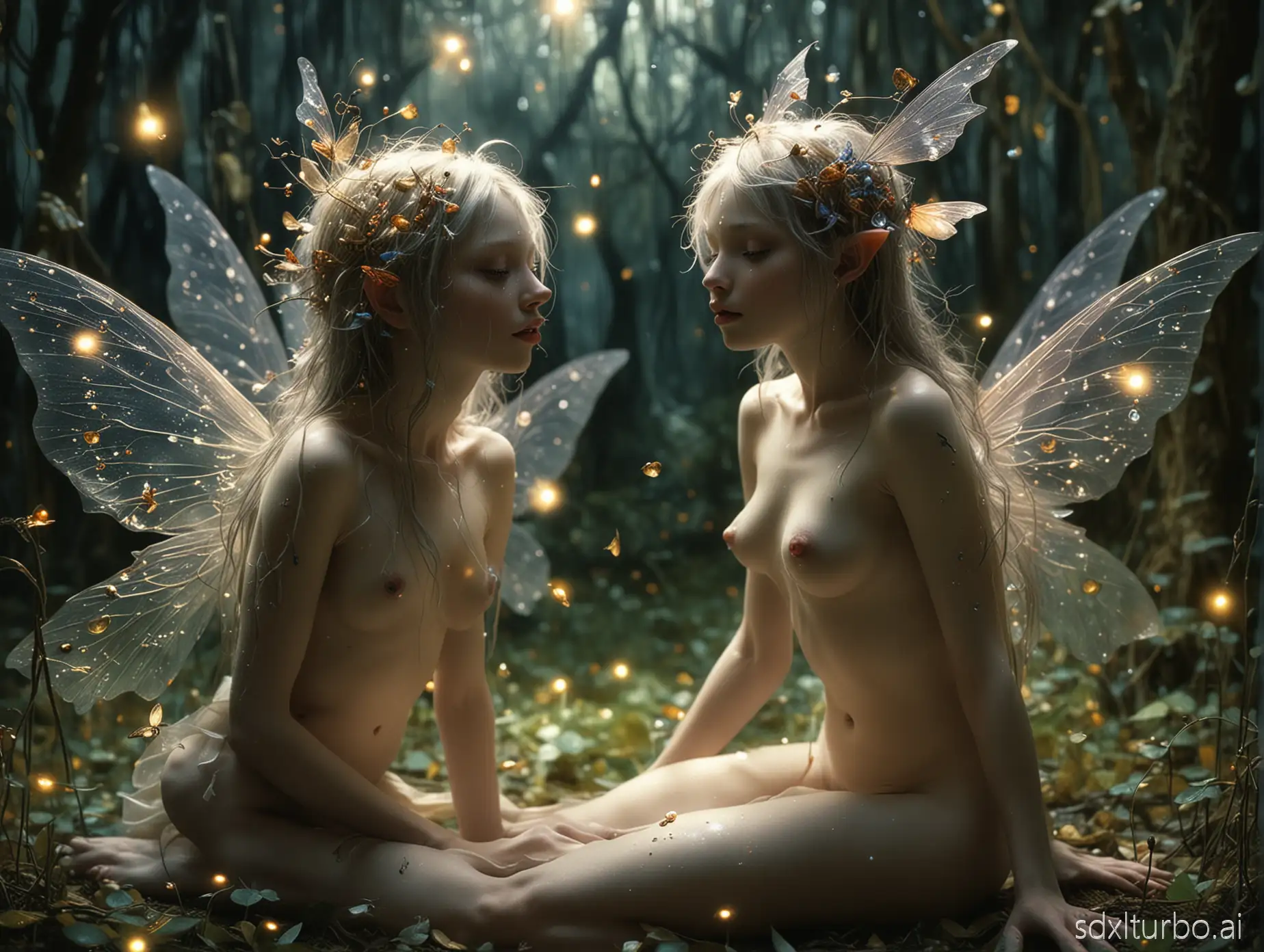 Surreal whimsical nude fairies and eerie creatures occupy a dreamlike atmosphere in a close-up photograph, intricate details and magical lighting enhancing their ethereal presence, fantasy concept art by Brian Froud and Alan Lee with vibrant colors, mystical ambiance, shot on Kodak Gold 400, 8k resolution, fairy dust, fireflies