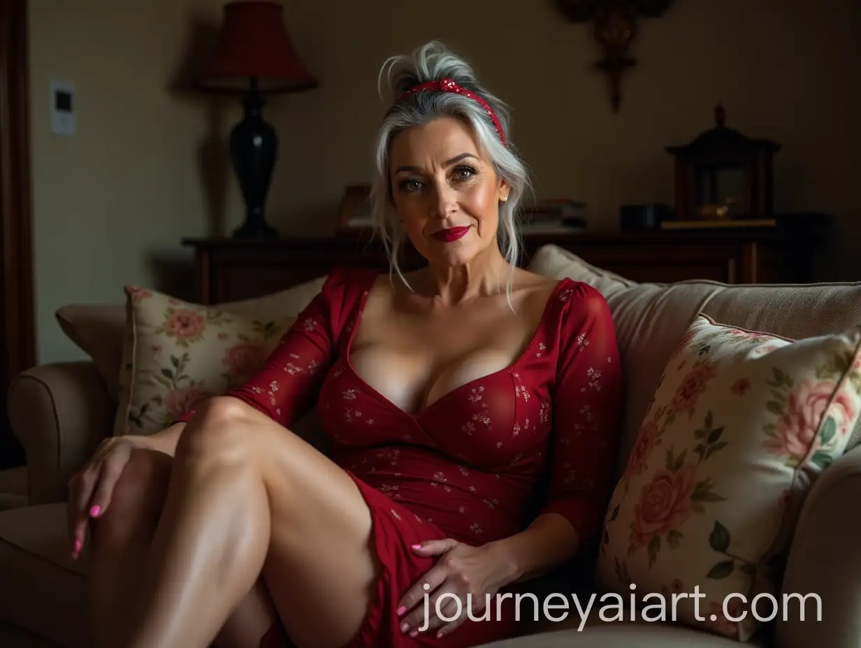 Elegant-Woman-with-Gray-Hair-and-Red-Floral-Dress-in-Romantic-Setting