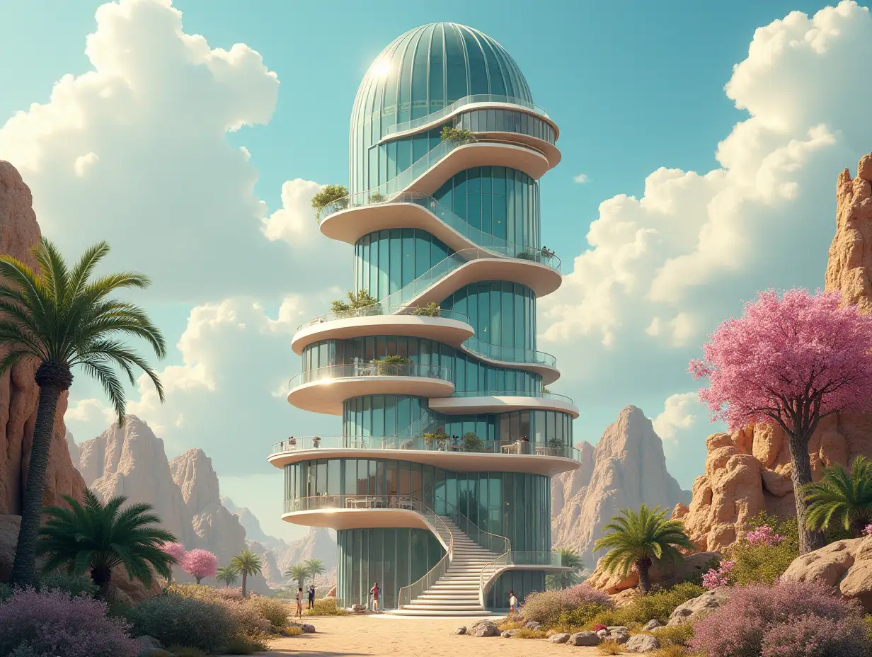 Create a high-resolution, realistic panorama image of a spiral staircase-like glass building tower with a UFO house with a bridge, people, many plants and colorful flowers on white and brown facades in the desert oasis, large trees, very cloudy sky