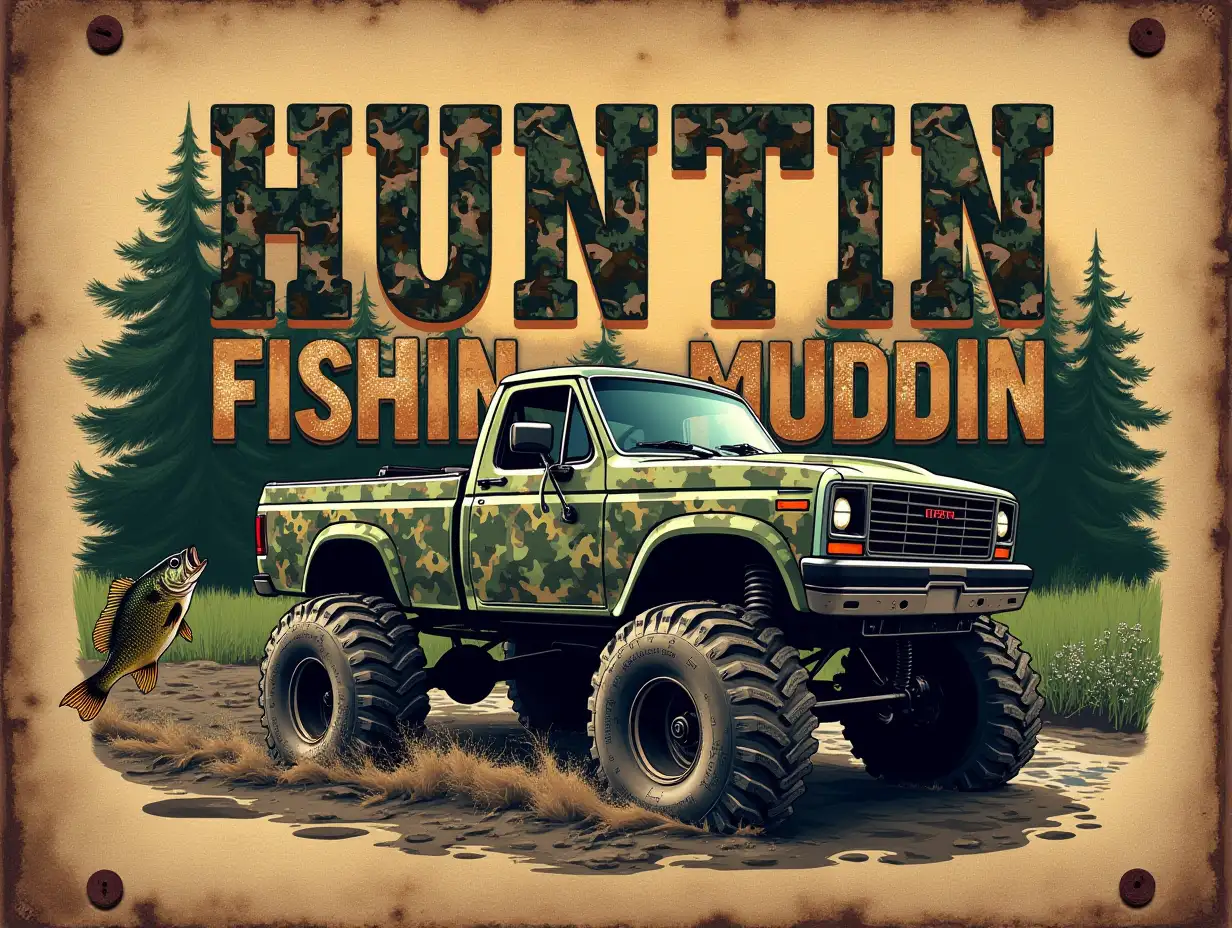 vintage illustration. Create an image of a rustic, wooden canvas with the words 'HUNTIN FISHIN MUDDIN' written in bold, camouflage lettering. Surround the text with a detailed illustration of a rifle, a largemouth bass, and a camouflage-painted monster truck driving through muddy terrain. The background should be a dense, green forest, and the overall composition should be rugged and adventurous.