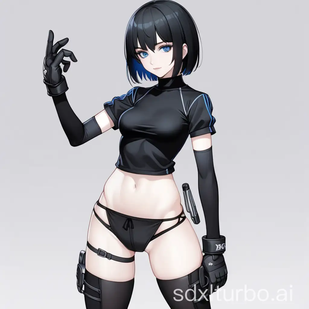 Female, blue eyes, pale skin, short black hair, black top, high neck, short sleeves, crop top, black wrist gloves, black thong, black ankle boots, standing, full body, anime