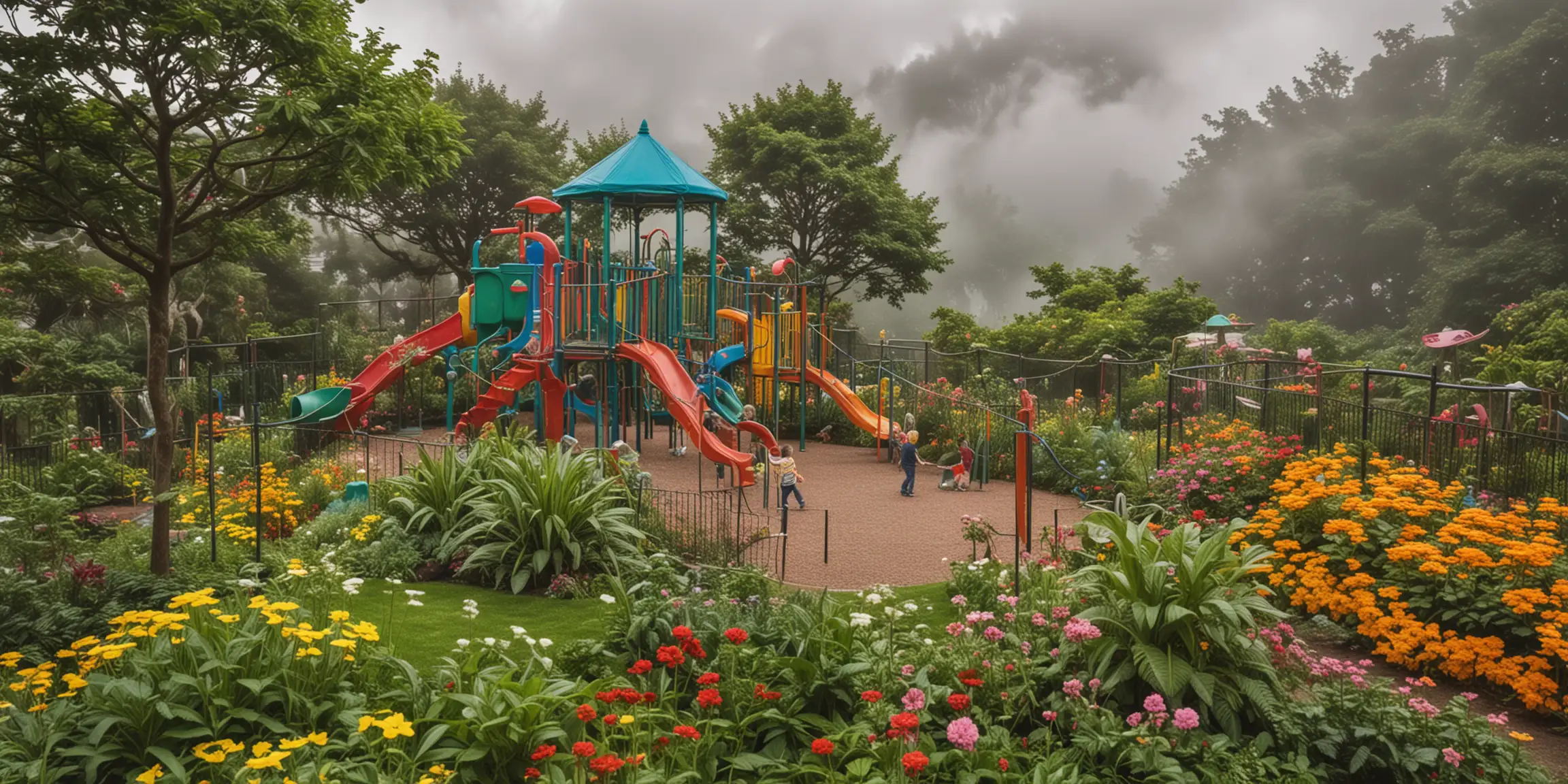 Children Playing in Lush Cloud Garden Playground