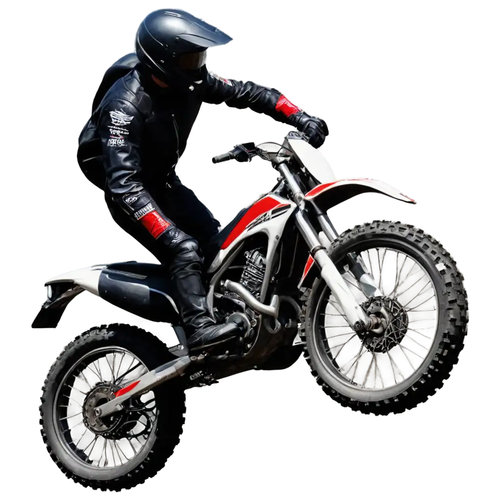 high detail of Side view picture of an off-road motorbiker ramping through air, wheel spokes clearly visible