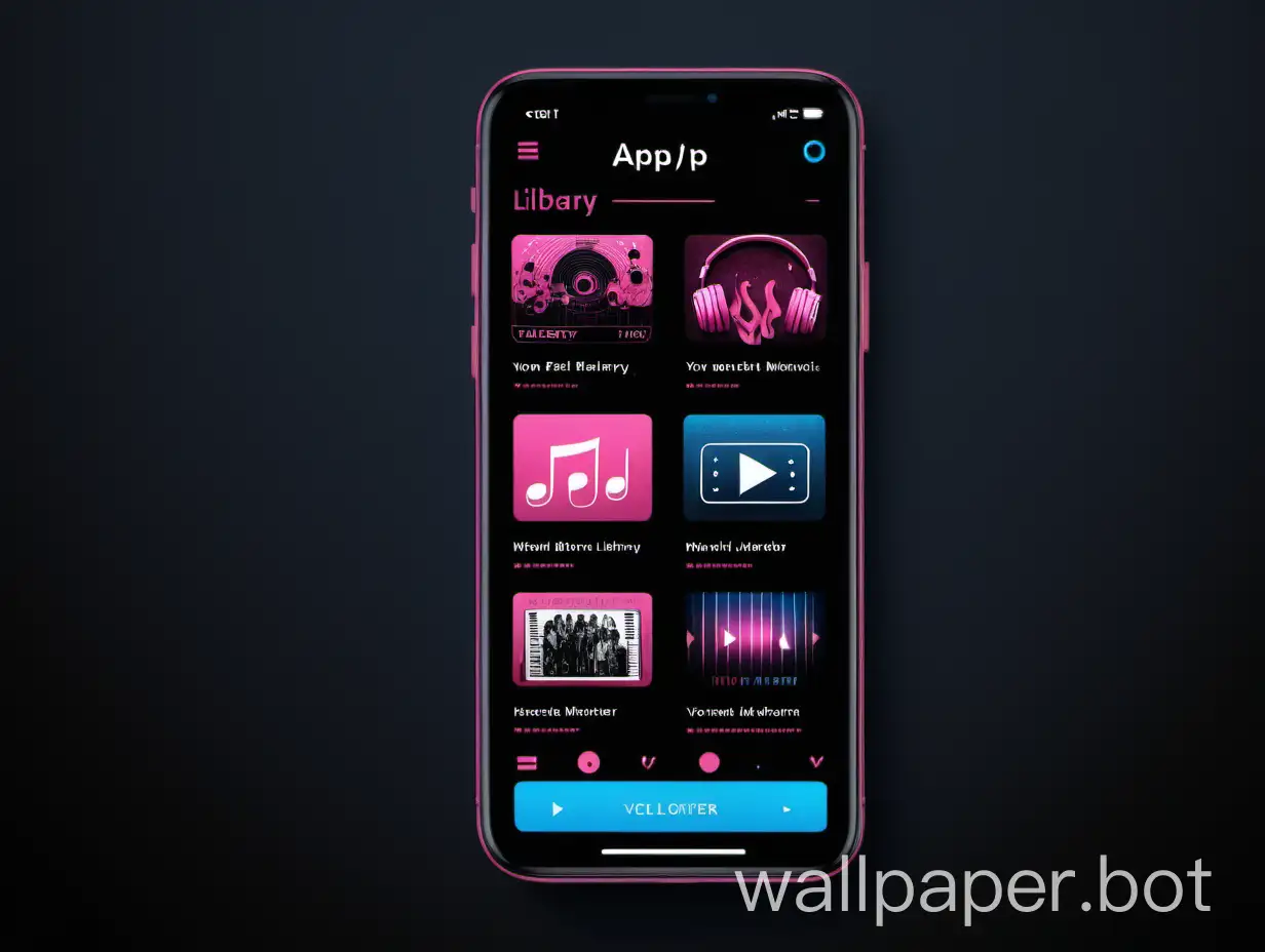 app  library screen, music, black background, pink, blue