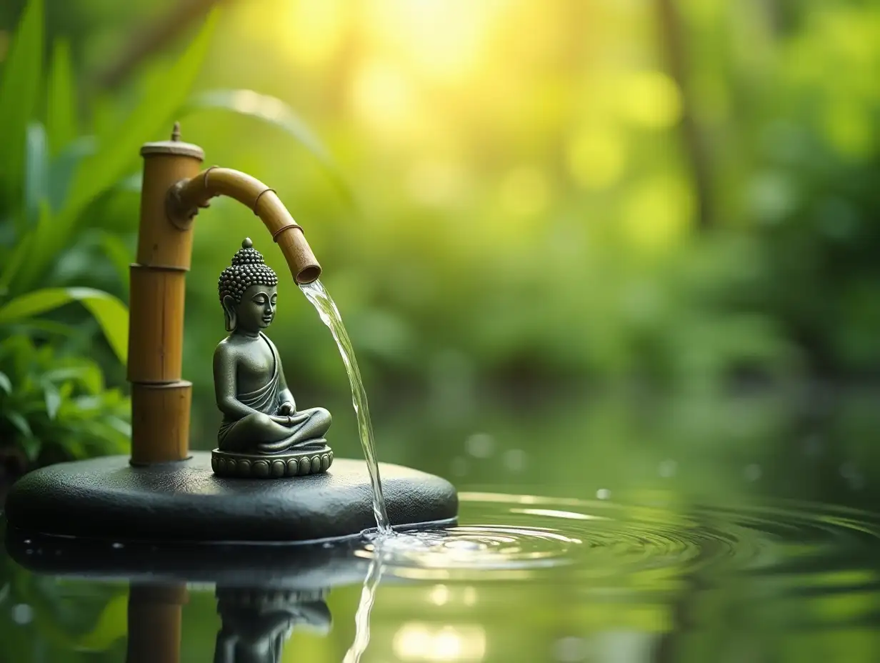 Zen-Buddha-Statue-in-Serene-Pond-with-Bamboo-Water-Spout-and-Tranquil-Nature