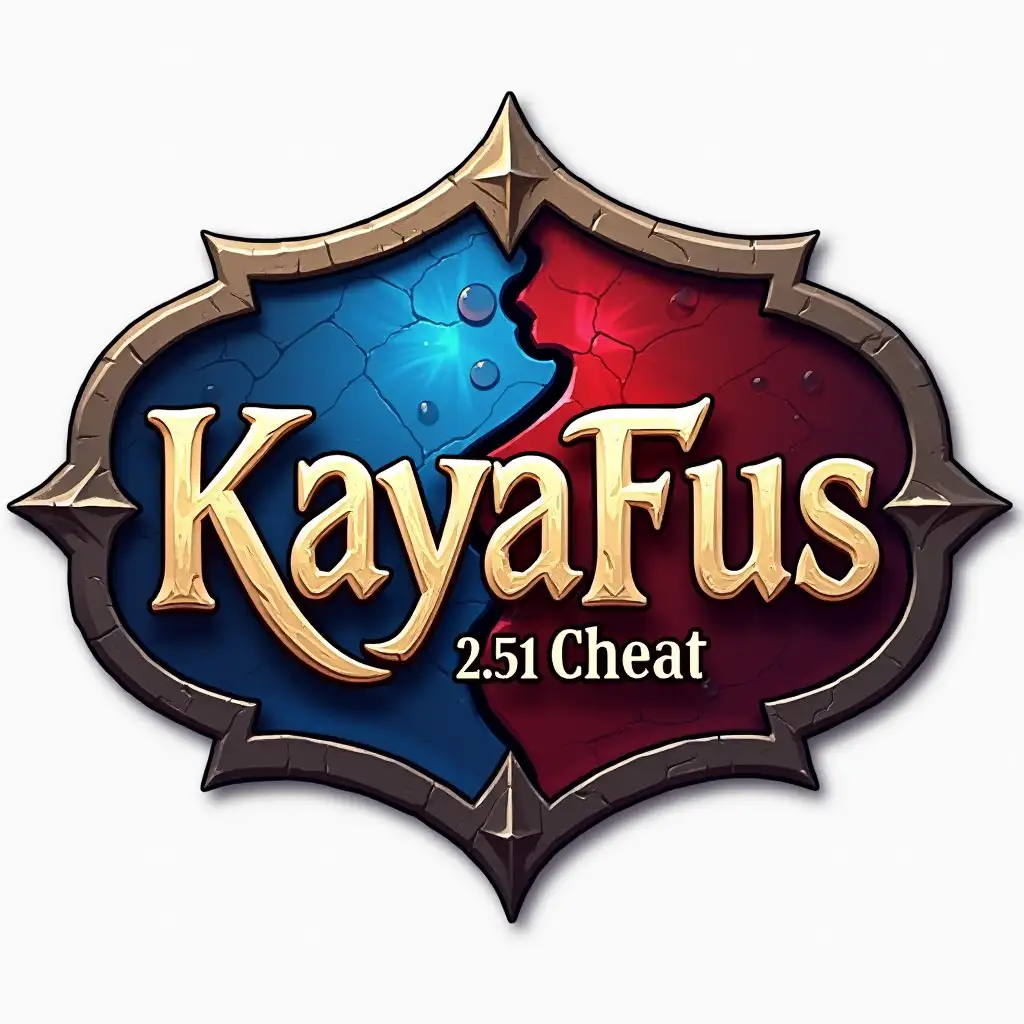 Fantasy RPG game logo with medieval elements, featuring the text ‘KayaFus 2.51 Cheat’, in a digital art style inspired by the game Dofus, with a modern touch. The design should represent the rivalry between Bonta and Brâkmar, incorporating blue and red colors to symbolize both factions. The logo should be text-only, without a background