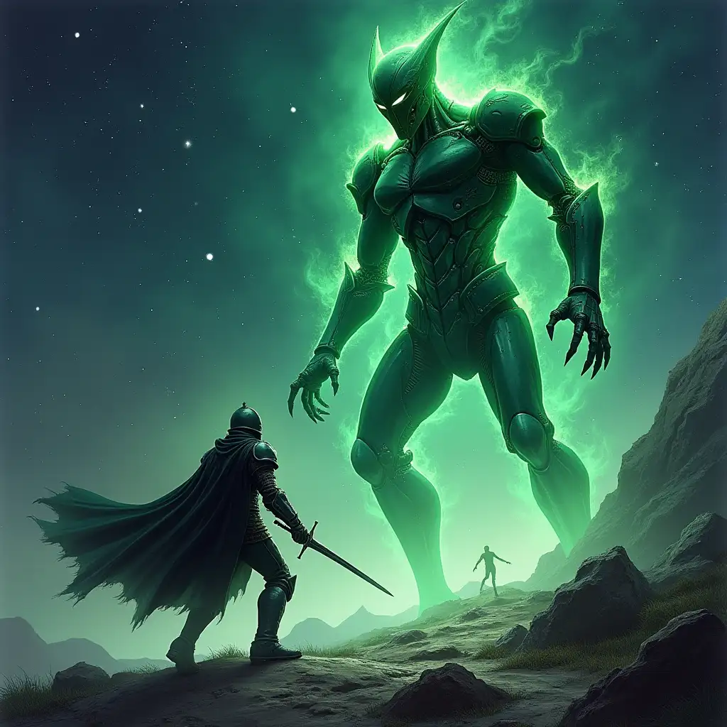 Knight-Facing-Towering-Green-Android-in-Cosmic-Duel-Dark-Fantasy-Book-Cover-Art