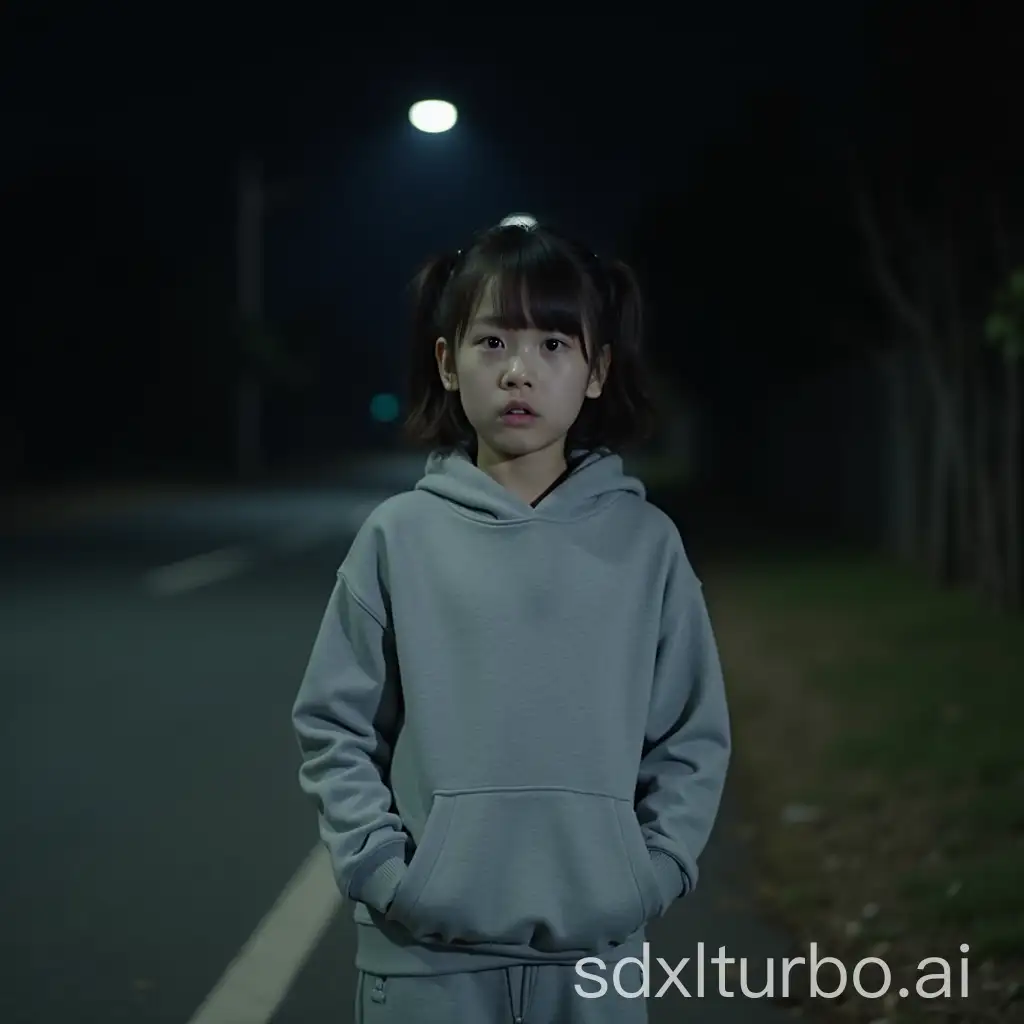 Lost-Korean-Girl-in-Grey-Hoodie-Standing-by-the-Roadside-at-Night