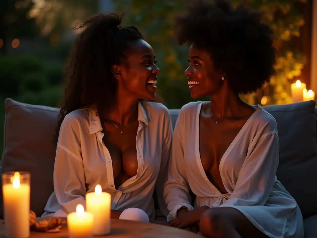 Two-Young-African-Student-Women-Flirting-on-a-Sofa-in-a-Garden-at-Night-with-Candles