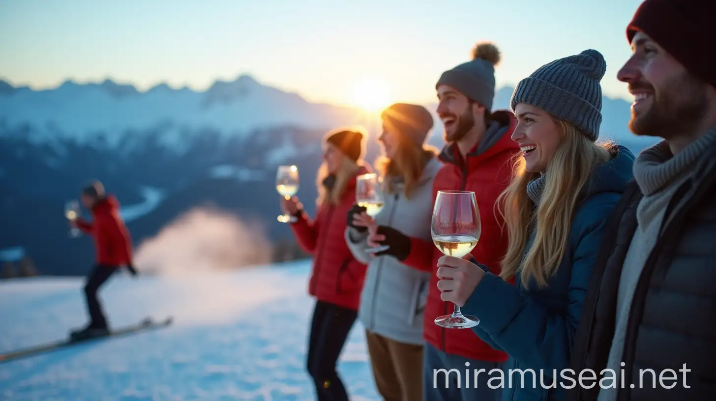 Young Adults Enjoying Wine Amidst Snowy Mountain Peaks