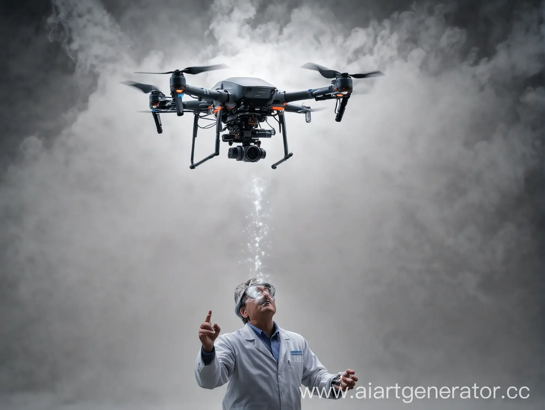 Video thumbnail picture, the topic is 'Mind Control & Stroke epidemics caused by nanoparticles (smart dust)'. The picture includes a portrait of Dr.  James Giordano, a drone flying in the skies and spraying a fog-like substance, a brain and DNA-Structure. High Photo quality