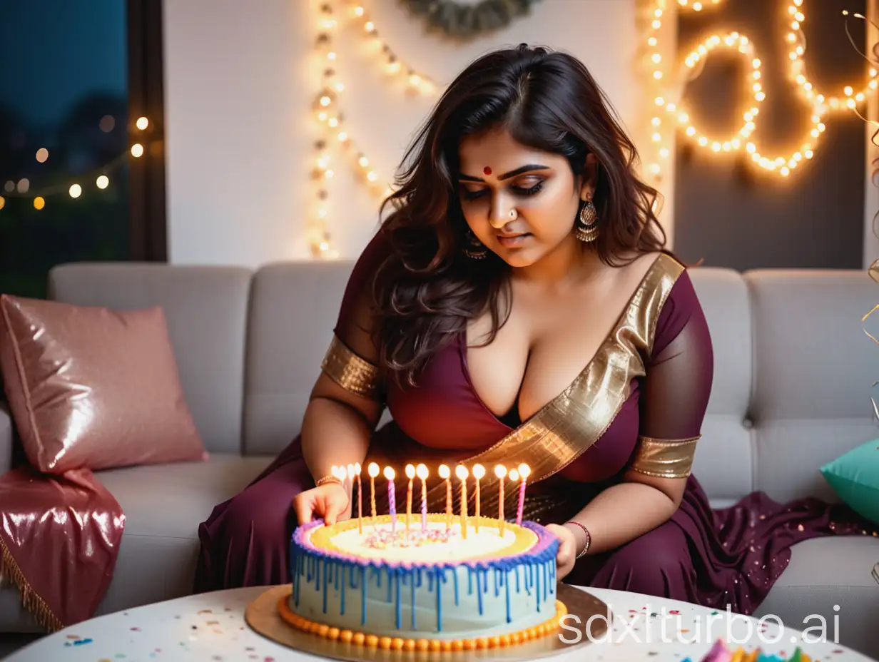 Curvy  Indian girl with brunette messy layered hair, deep v chasm, sitting on sofa.Wearing  tight saree blouse.She is cutting birthday cake ,house is decorated with lights