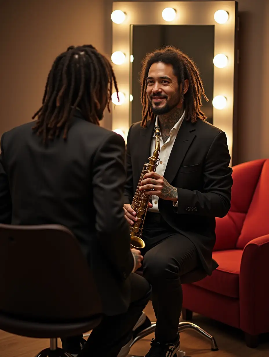 Korean-Man-with-Tattoos-and-Dreadlocks-Holding-Saxophone-in-Music-Studio