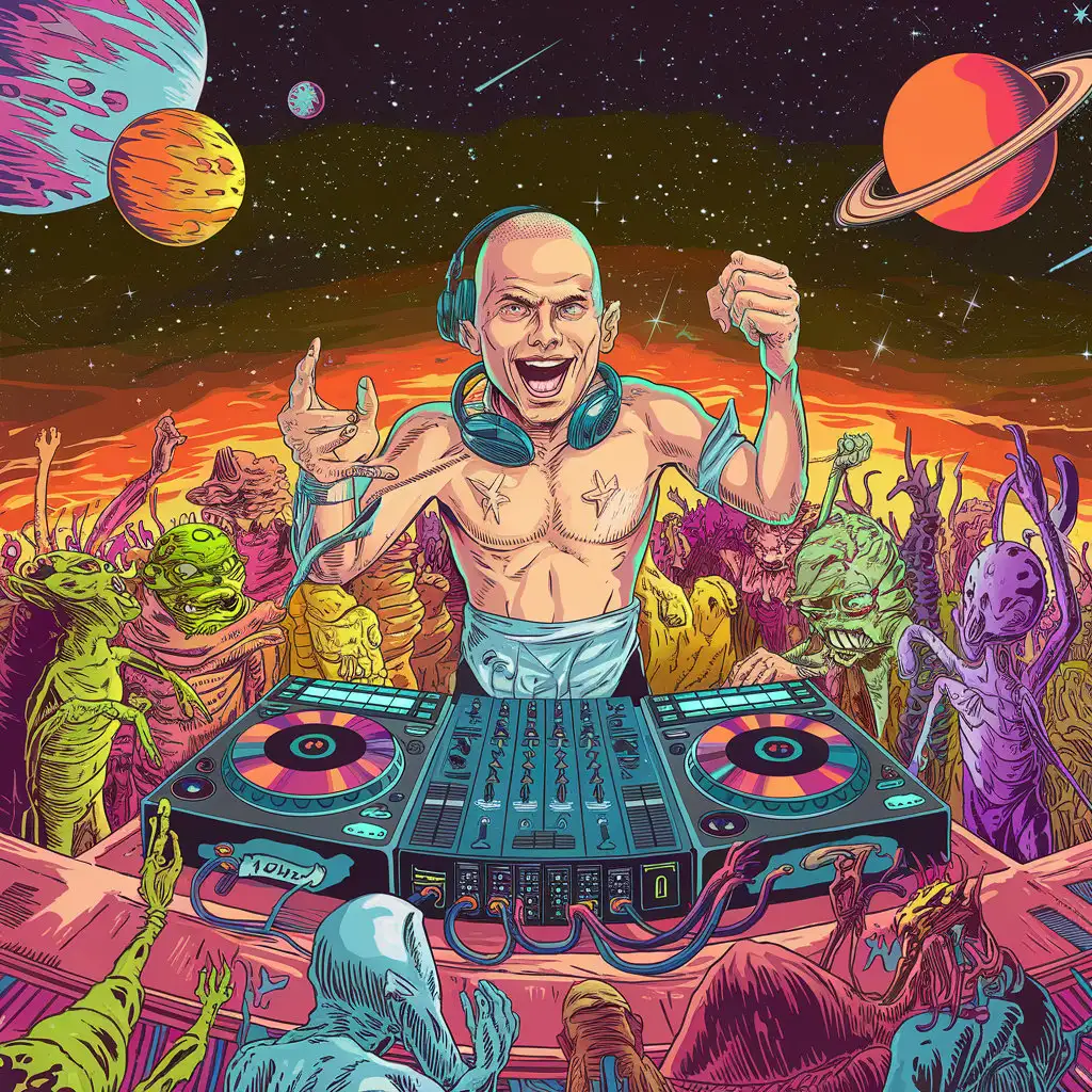 A short, balding but energetic darkpsy DJ  plays a awesome set in a intergalactic massive psytrance-party somewhere in outer space. Psychedelic substances are being used. Humanoid and insectoid partygoers dancing and cheering.