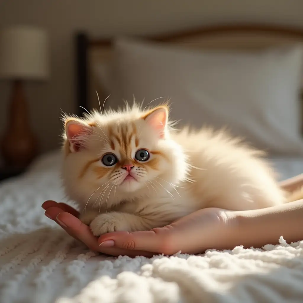 generate a realistic fluffy cat relaxing on girl hand in a bedroom