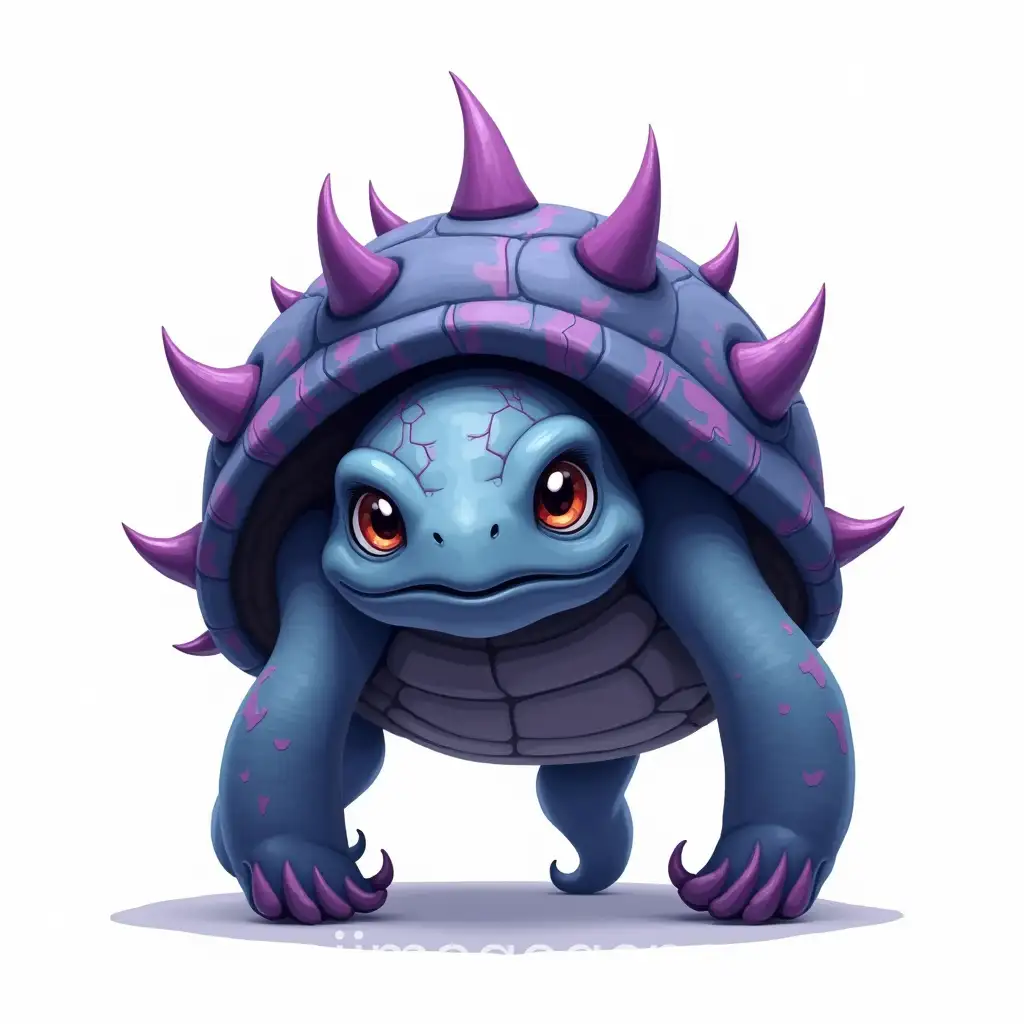A humanoid creature standing on his legs with a very large tortle shell. The shell is deep blue with purple cracks circling around and purple spikes coming out. The face of the creature resembles a tortle face. Make it with a totally white background. The image I sent you is for color theme information only; you don’t have to make it the same form. Instead, I want it standing up with two tentacle-like legs and two tentacle-like arms.