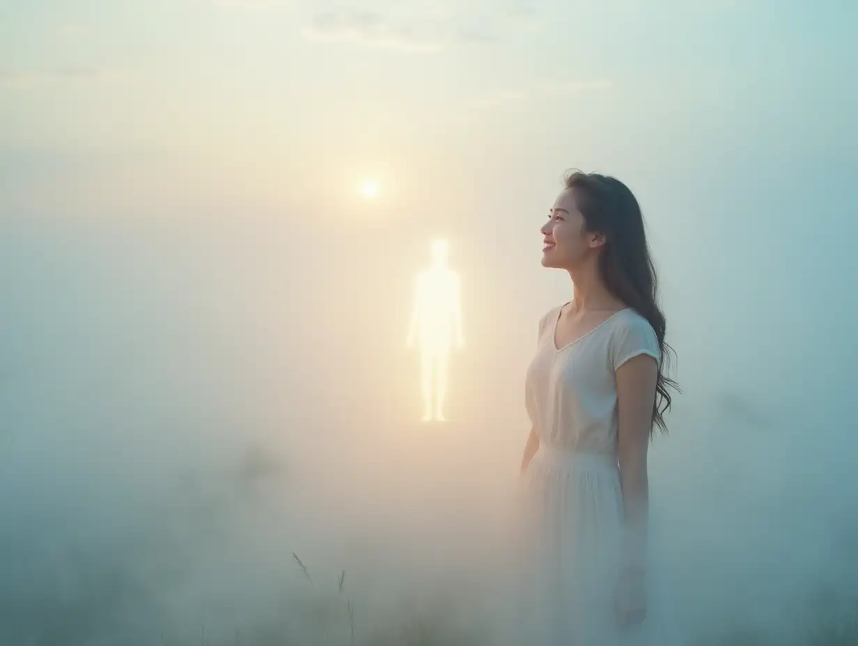 A young woman standing in a dreamlike landscape, surrounded by soft, glowing mist. A faint, ethereal figure appears in the mist, symbolizing the invisible presence, but it is not fully visible. The woman is looking at it with a peaceful, accepting smile, feeling connected spiritually. The scene is surreal, with soft pastel colors and a sense of serenity and acceptance.