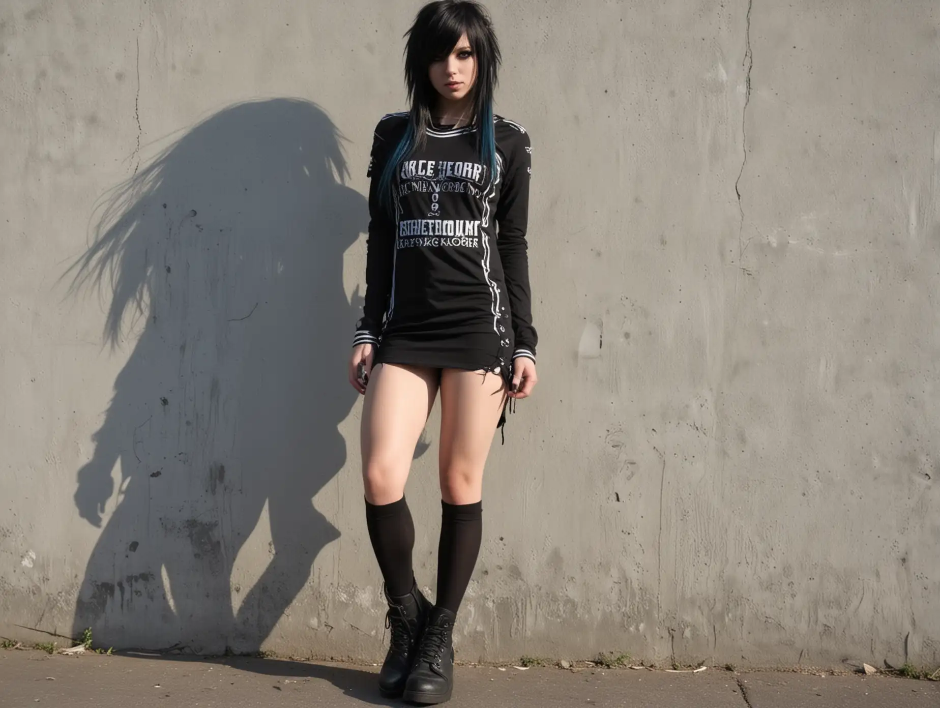 Emo-Girl-in-Mini-Dress-with-Muscular-Thighs-Posing-Against-Wall