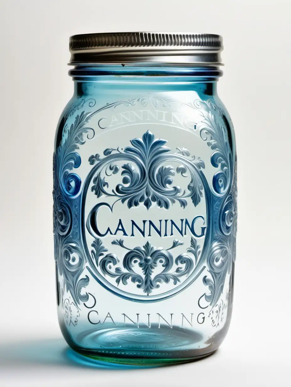 Antique Blue Glass Canning Jar with Ornate Scrolls and Silver Lid