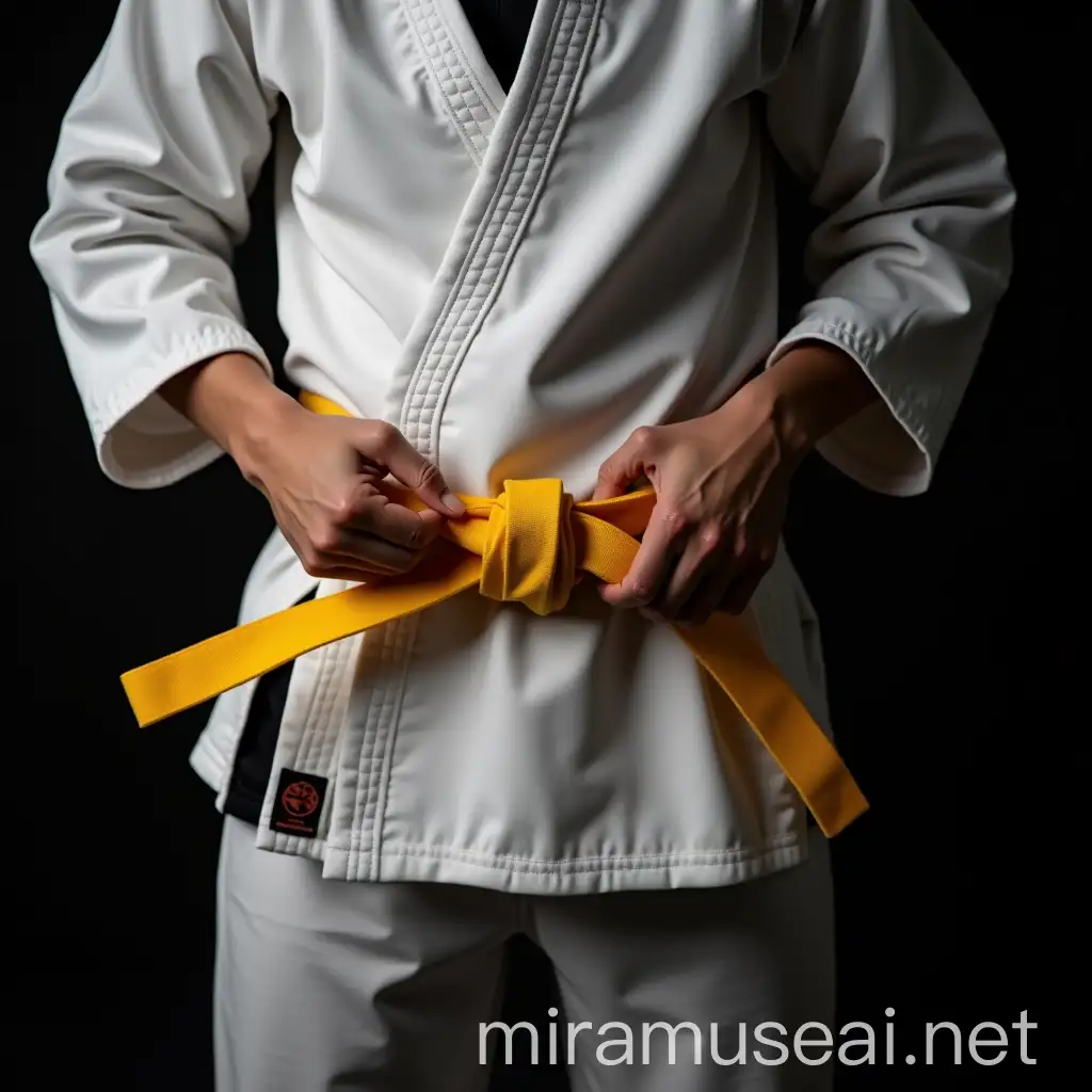 Taekwondo Athlete Tightening Yellow Belt in CloseUp