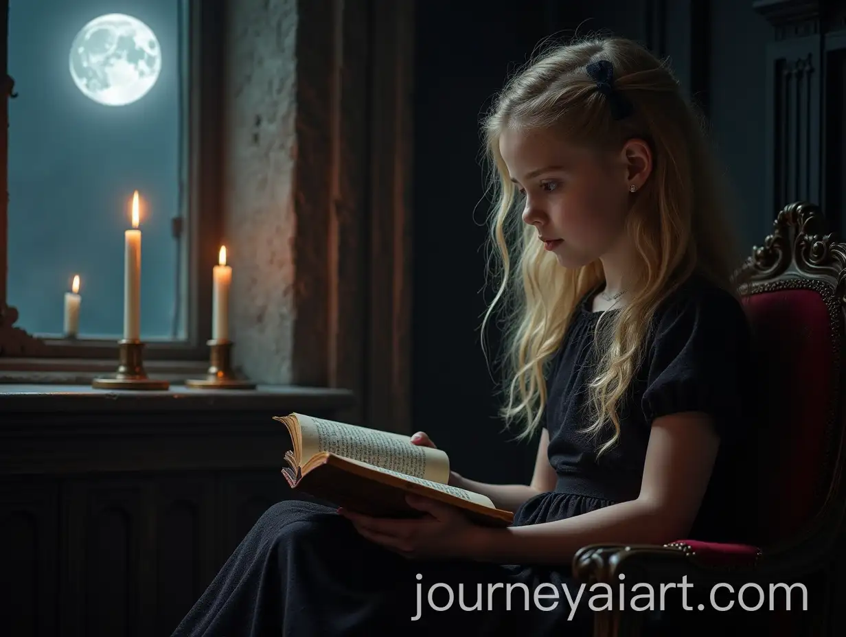 Blonde-Girl-Reading-in-a-Black-CastleAI-Image-Prompt-Expansion-Room-with-Candles-and-Moonlight