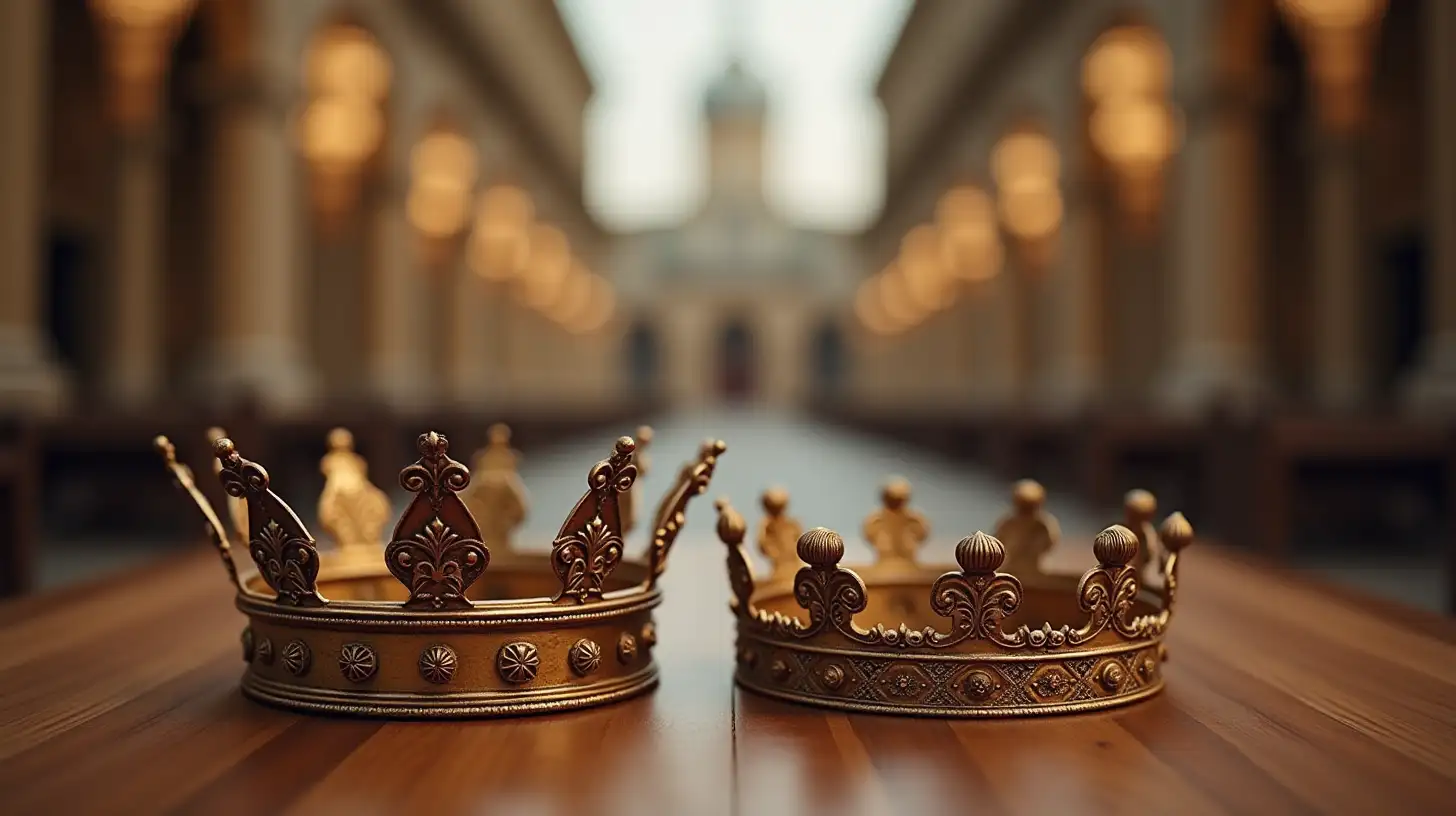 Closeup of Two Crowns on Wooden Table with Palace Scene in Background