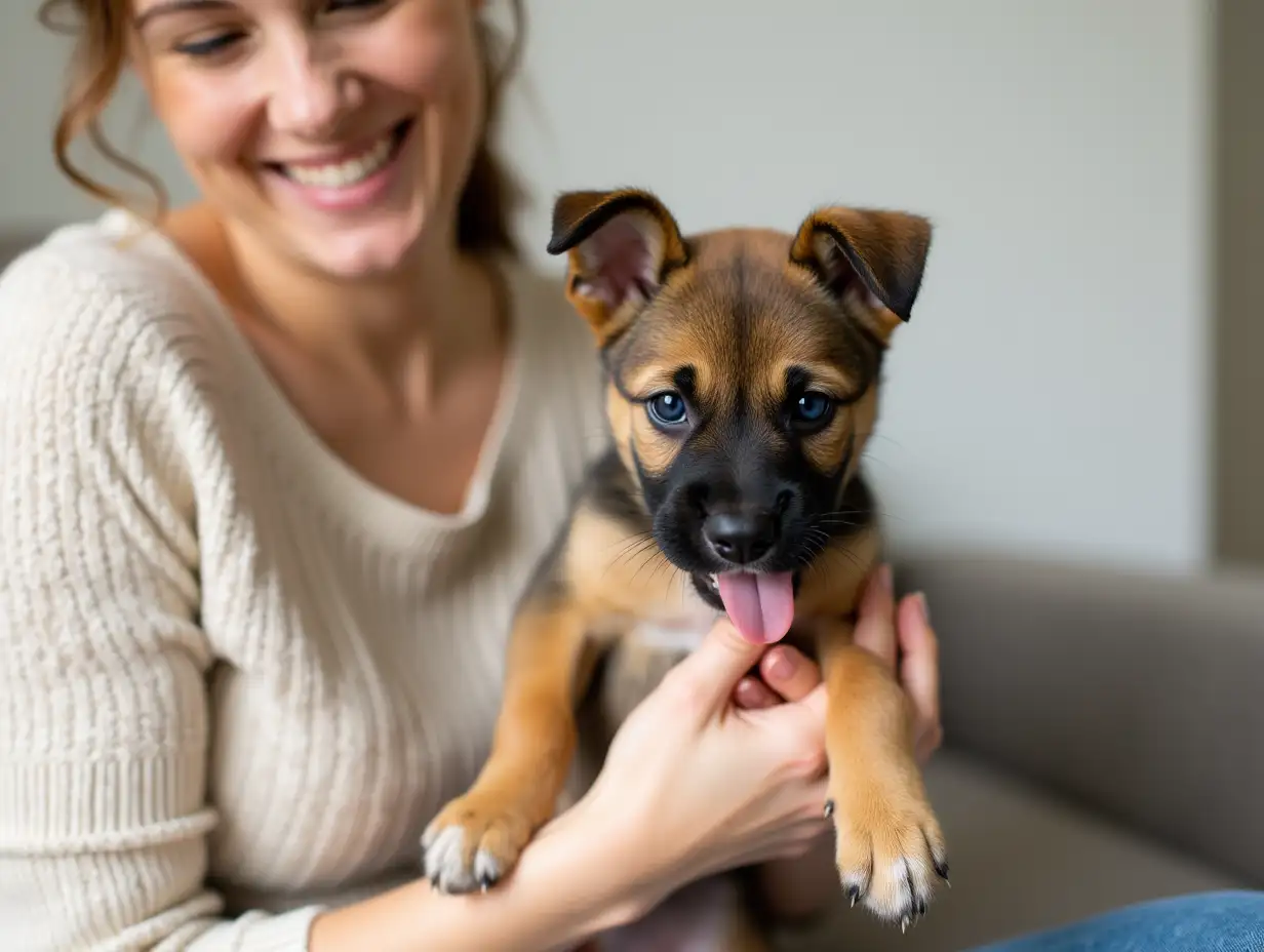 Female-Owner-Cuddling-Playful-Border-Terrier-Puppy-at-Home