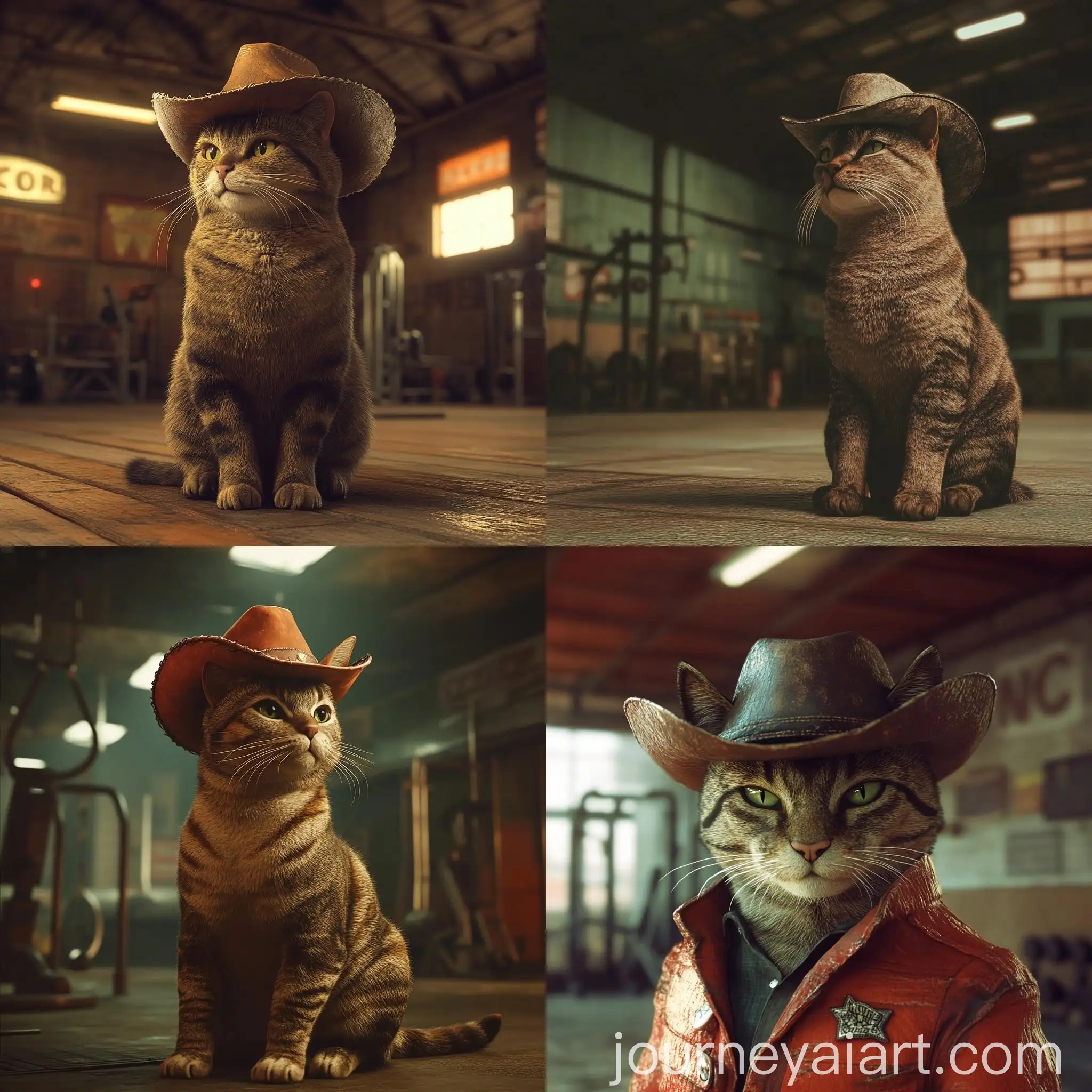 Confident-Cowboy-Cat-in-Retro-Gym-Setting