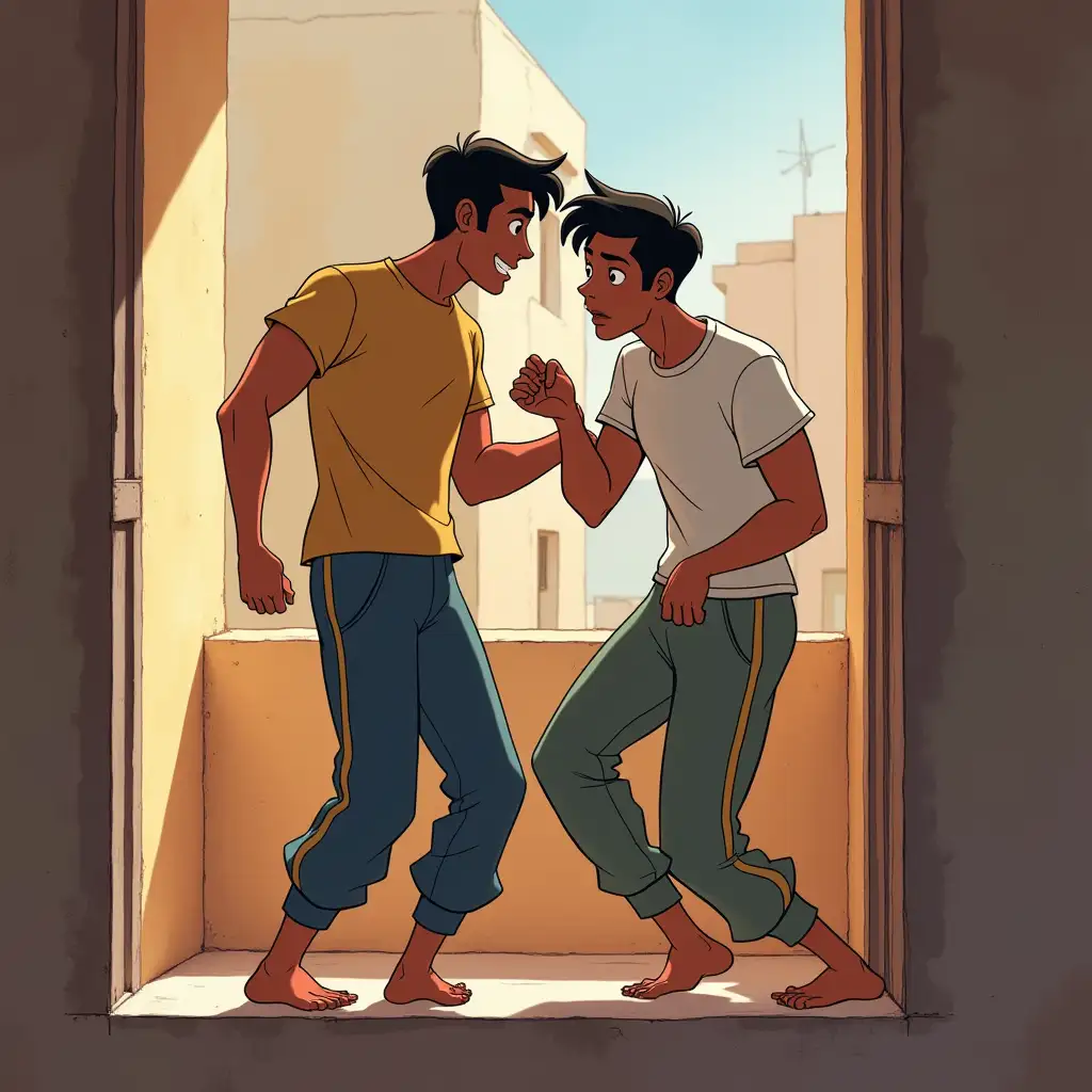 Teenage-Indian-Men-Roughhousing-on-a-Balcony-in-Disney-Animation-Style