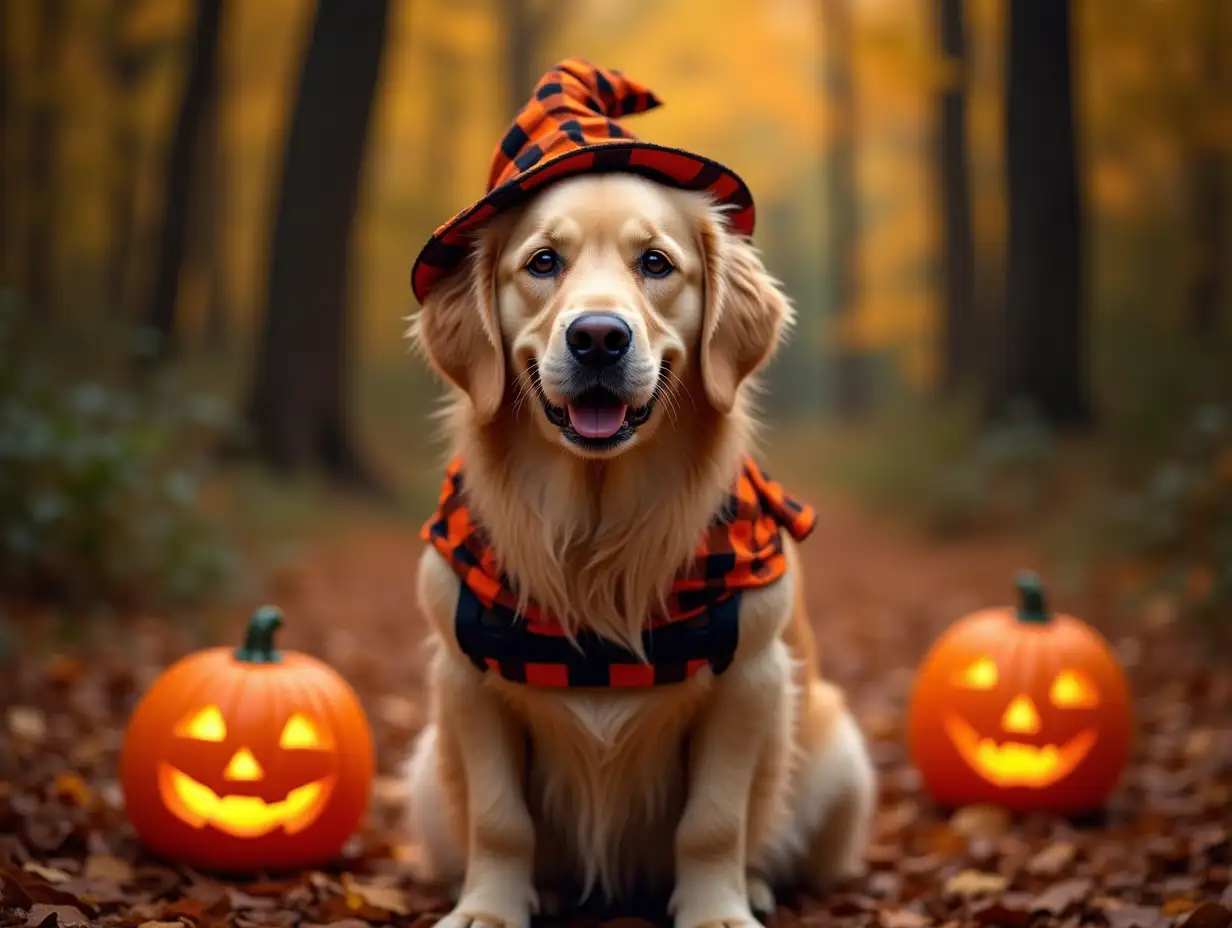 Golden Retriever breed dog in Halloween costume in the woods surrounded by pumpkin lanterns.