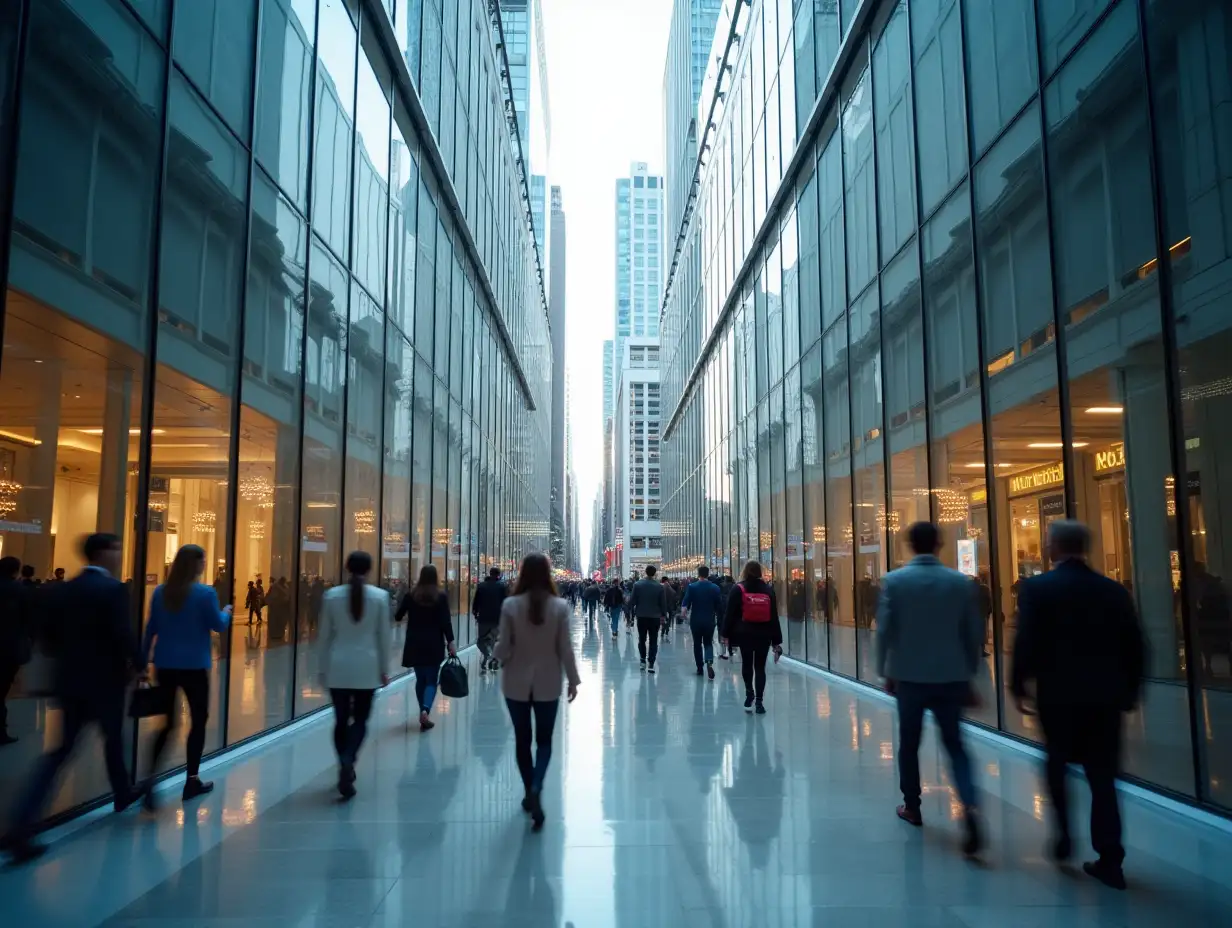 a commercial building, which should reflect the company's business scope, with busy business elites coming and going, without any names or text information