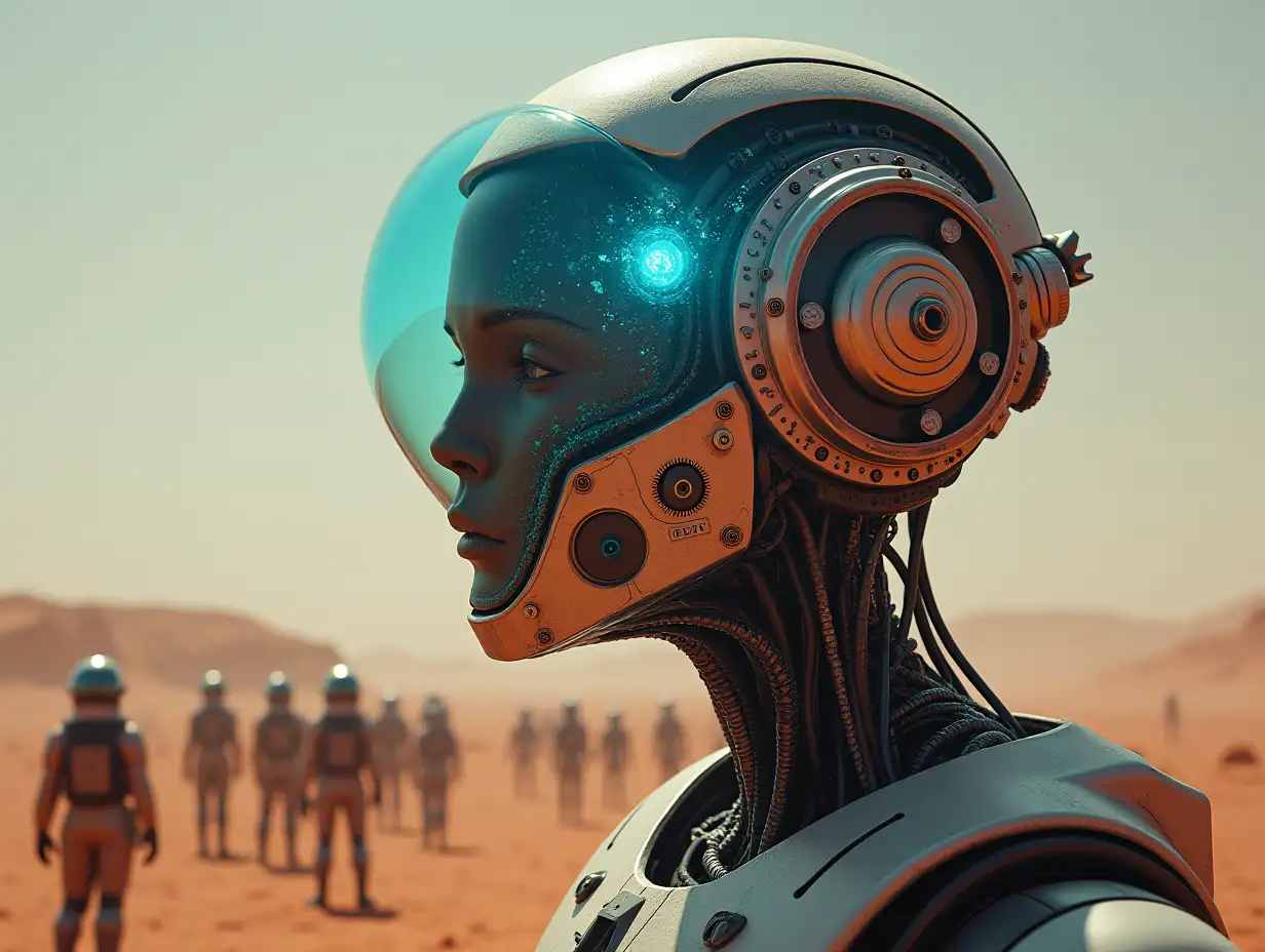 Create a high-resolution, realistic image of artificial intelligence named Robert, 20 meters tall, with aliens, gears on the cheeks and a glass head with a glowing sapphire brain, screws, and many people with helmets and breathing masks on the ground, Mars in 4k resolution.