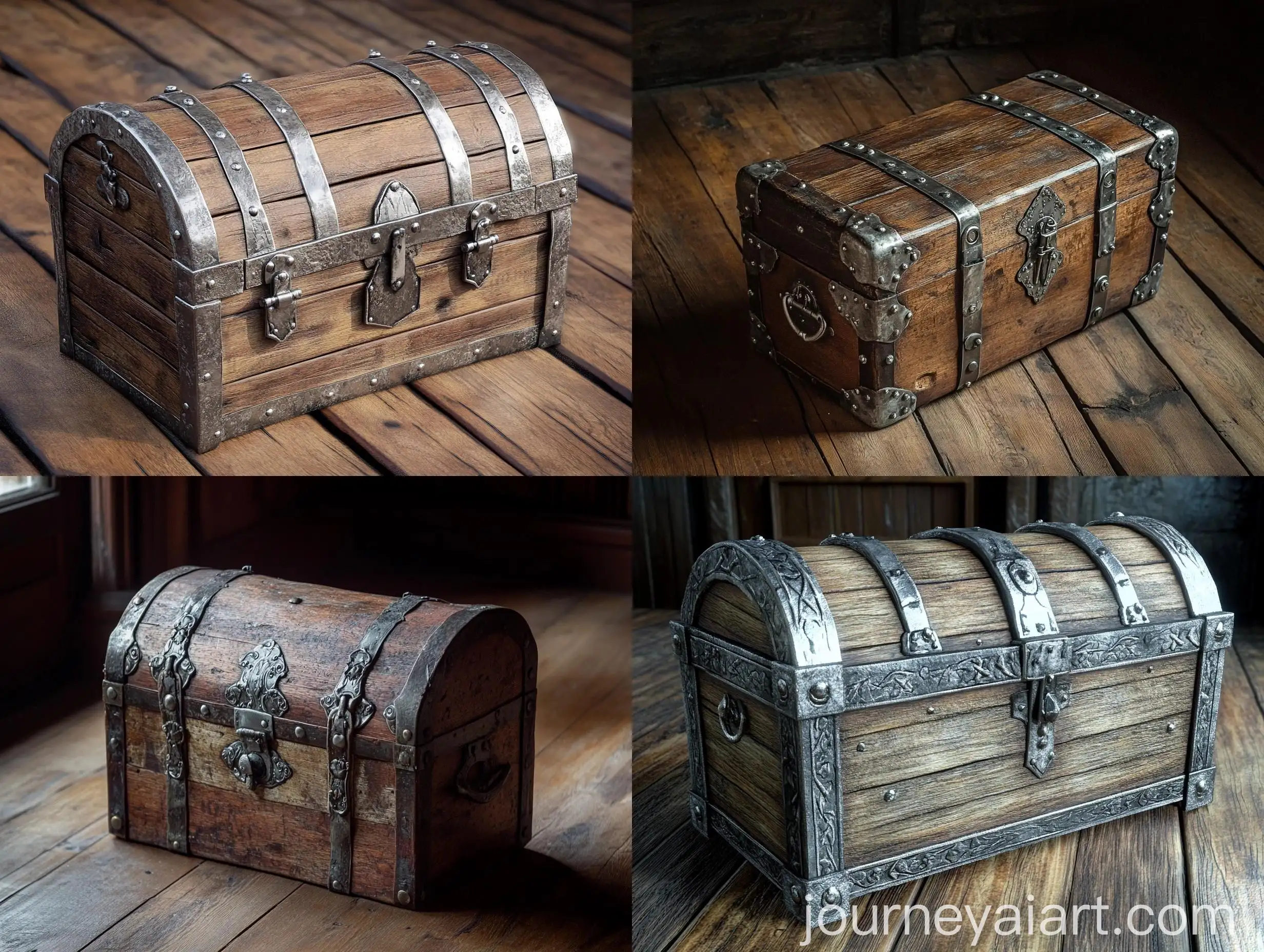 Medieval-Wooden-Chest-with-Silver-Metal-Connections-on-Wooden-Floor
