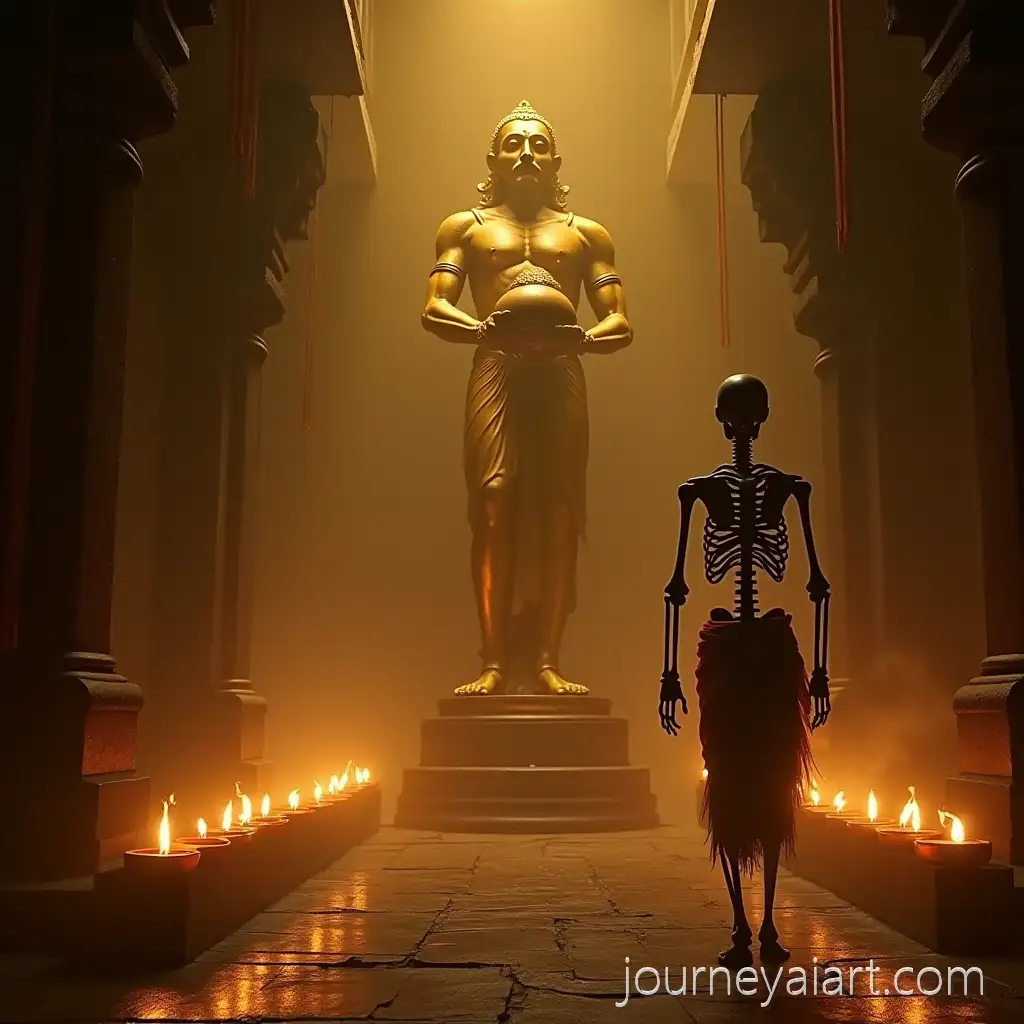 Ancient-Golden-Hanuman-Temple-with-Mystical-Atmosphere-and-Glowing-Diyas