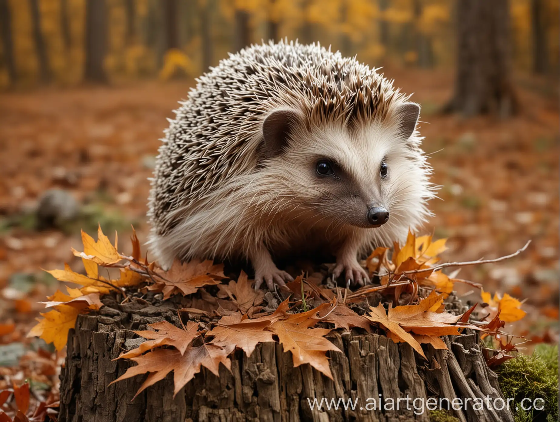 Hedgehog-Sitting-on-Stump-in-Autumn-Forest