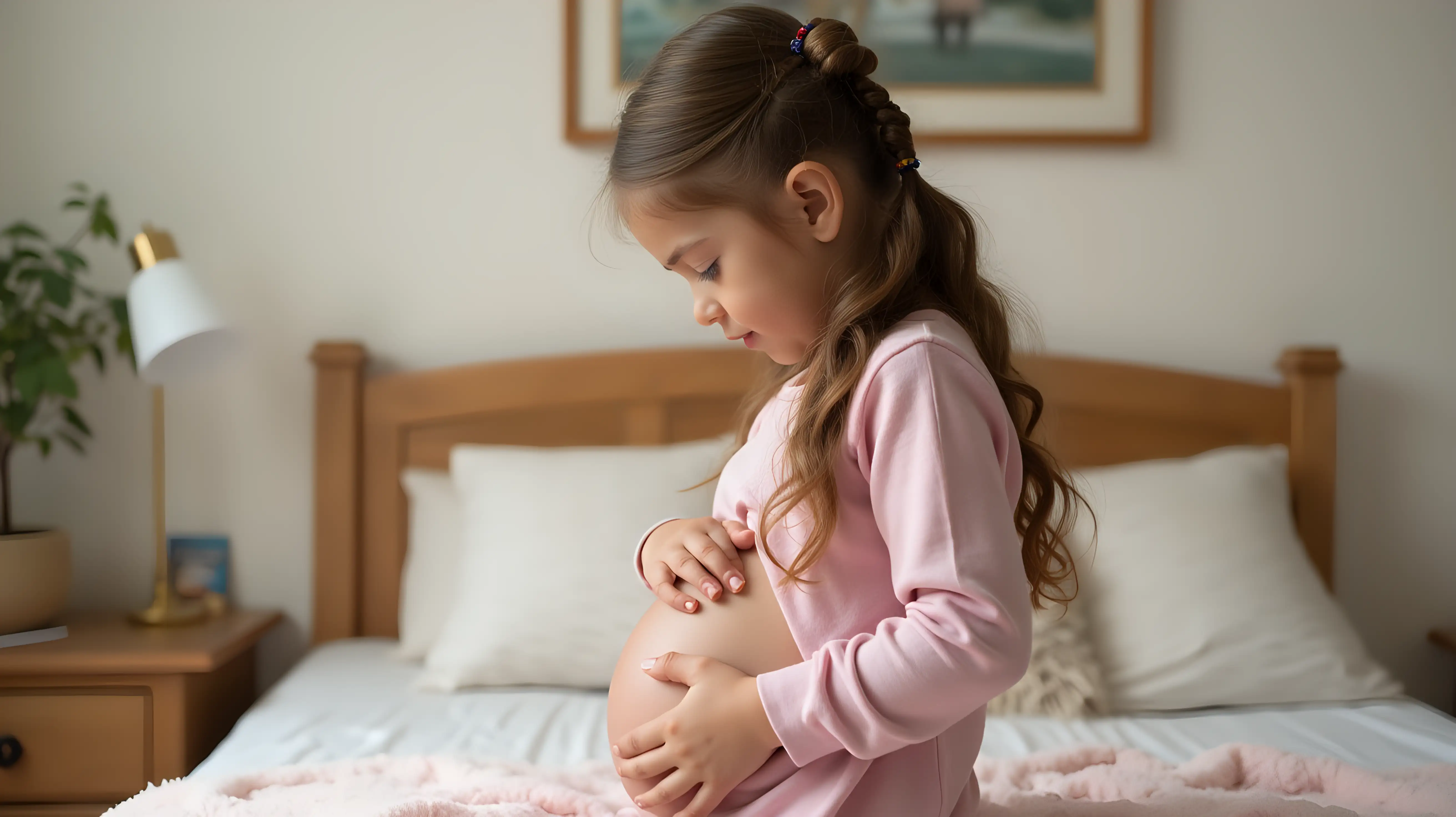 Young girl, child bedroom, pregnant belly