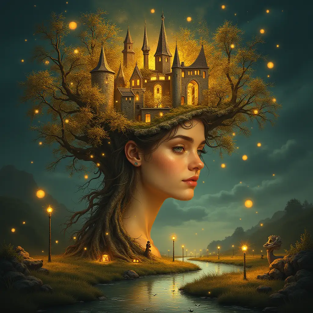 Creating a digital painting of a face with leuctkugel hair, that transforms into a building with gold stones and illuminated trees with golden roots and a river with floating light bulbs and lanterns and strange fairy creatures on a meadow