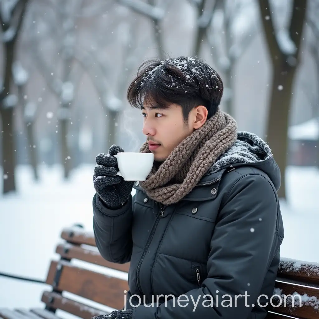 Young-Korean-Man-Enjoying-Snowy-Park-with-Coffee