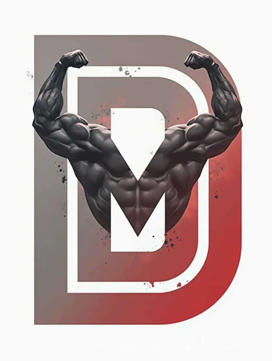 Logo-Design-ofAI-Image-Prompt-Expansion-Male-Bodybuilder-with-Integrated-Letters-D-and-M-in-Gray-and-Red-Colors