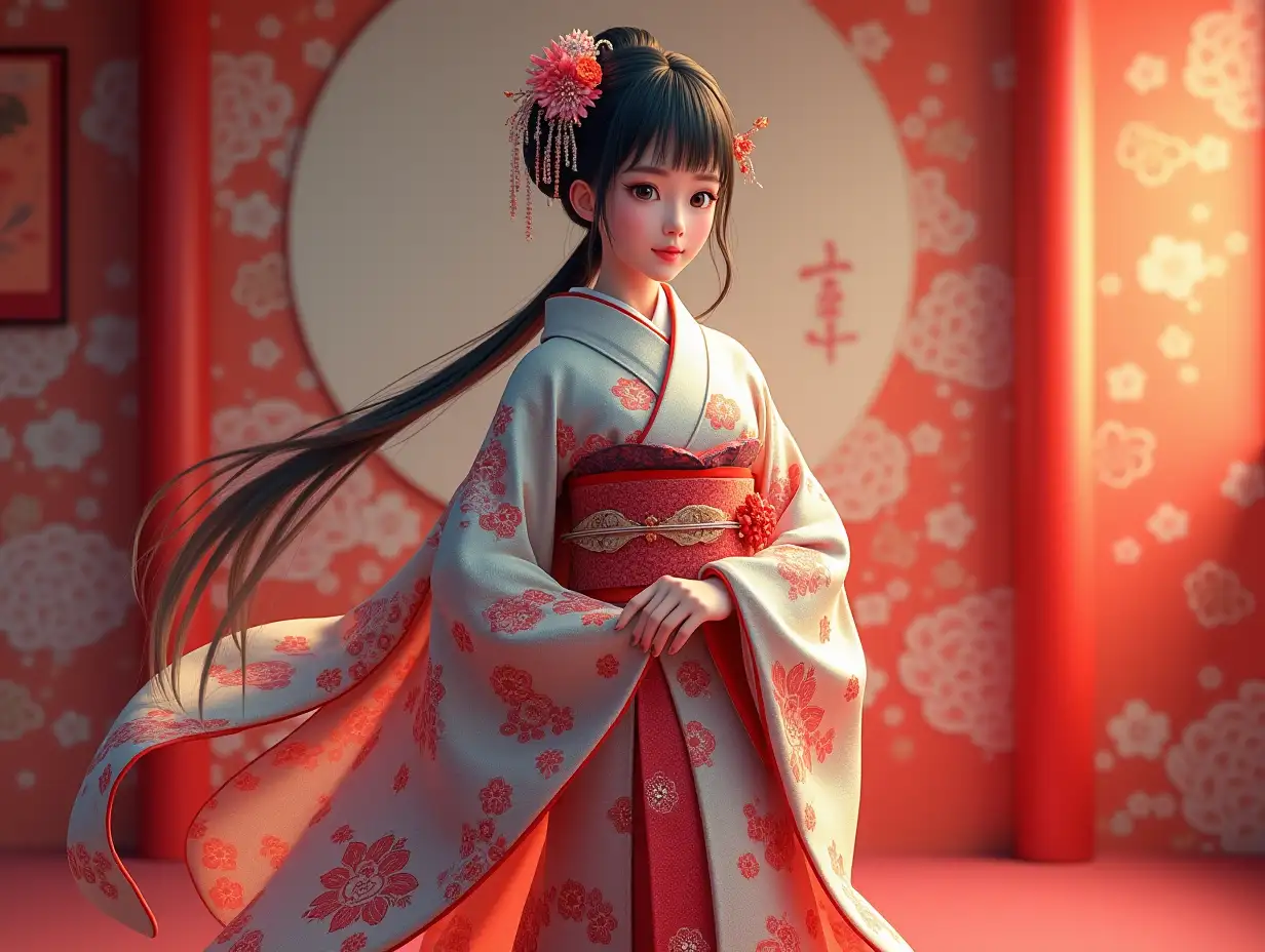 AI Japanese princess colorful kimono stands on a 4K resolution vibrant