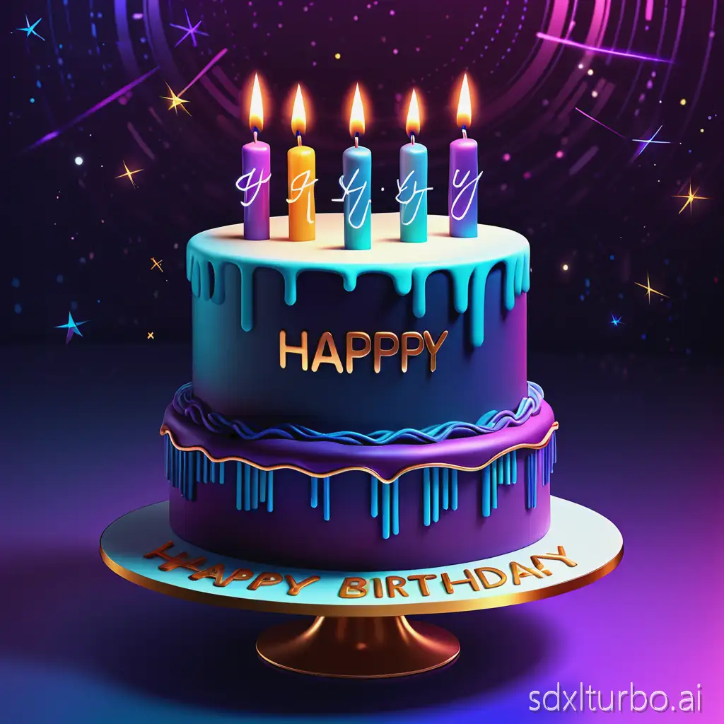 A vibrant and cheerful digital illustration of a birthday cake with glowing candles, surrounded by floating holographic 'Happy Birthday' text in English. The cake is placed on a futuristic, sleek platform, and the entire scene is infused with a futuristic AI theme. The cake itself is intricately designed with subtle circuit patterns embedded in its frosting, giving it a high-tech yet festive look. The candles on top of the cake emit a soft, warm glow, casting a gentle light on the surrounding area. The floating holographic 'Happy Birthday' text is written in a modern, elegant font, positioned around the cake in a circular arrangement. The text is illuminated with soft blue and gold lighting, creating a warm and celebratory atmosphere. The background features a gradient of deep blues and purples, with faint, shimmering stars and subtle, flowing lines that resemble digital data streams, adding to the futuristic ambiance. The overall composition is balanced and visually appealing, with the cake as the central focus and the holographic text enhancing the sense of celebration. The use of soft, glowing lights and the integration of circuit patterns create a harmonious blend of technology and festivity, making the illustration both inviting and captivating.