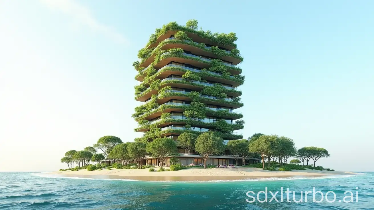 12 story hotel building with sustainable architecture and green tree facade on the beach