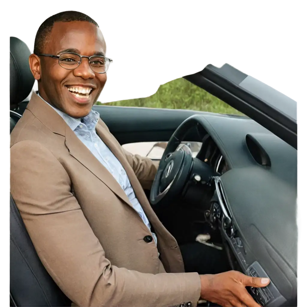 A happy African man in the driver's seat of his luxury car