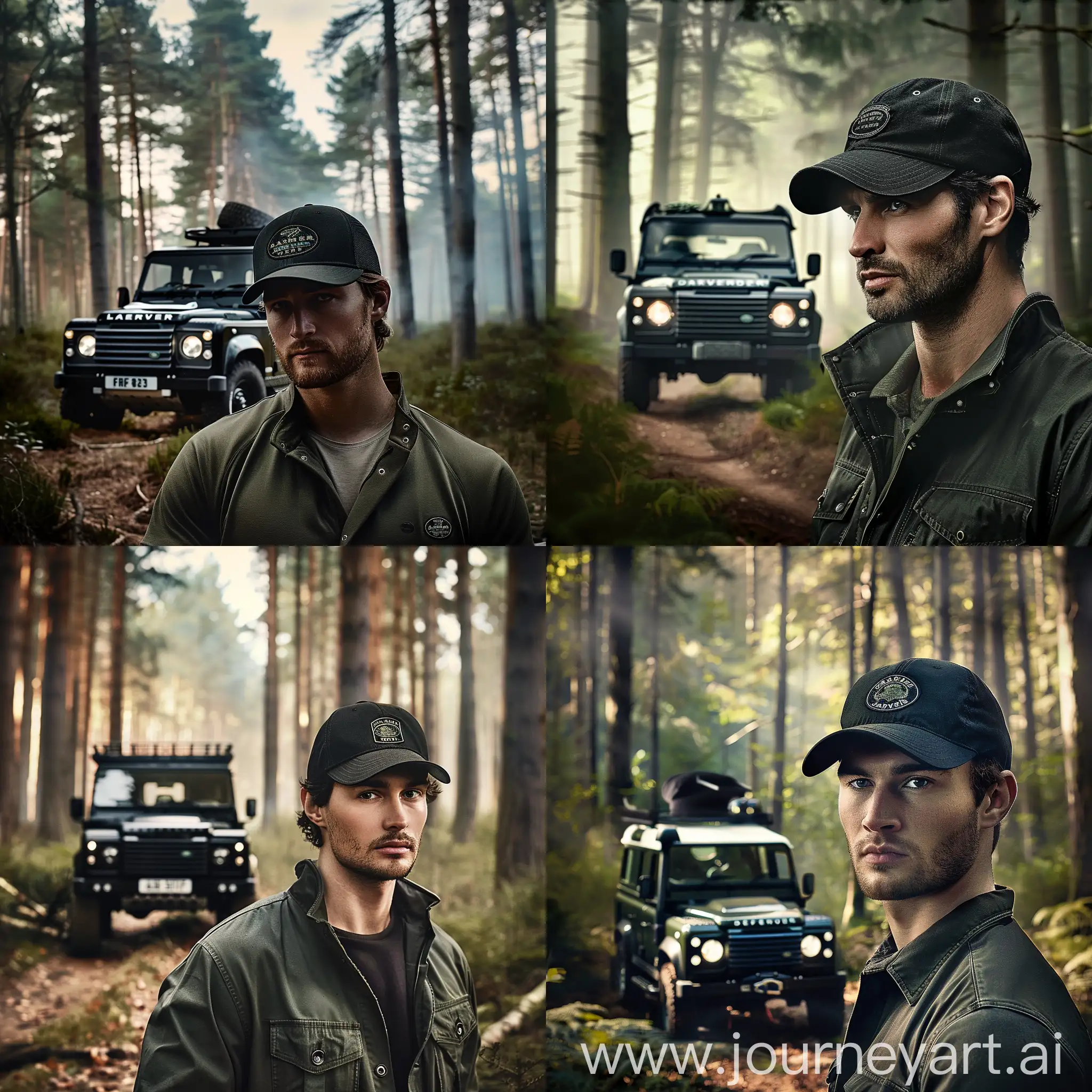 Man-Wearing-Black-Land-Rover-Cap-in-Woodland-with-Land-Rover-Background