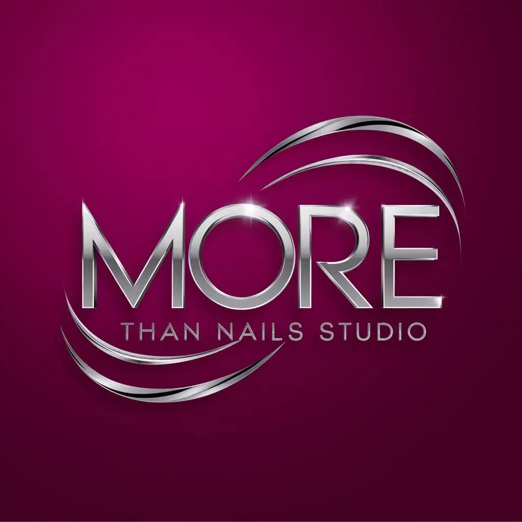 LOGO Design For More Than Nails Studio Metallic Silver Text on Magenta Background with Elegant Curved Lines