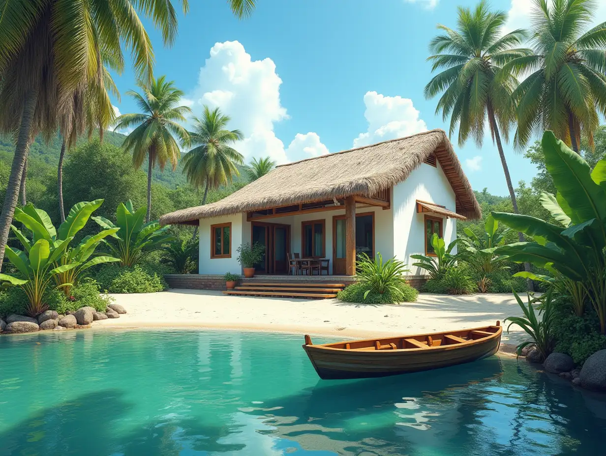 Crooked white house with garden  And a pond on the beach with a boat,bananas, bushes and palms 4K resolution colorful wide-angle shots