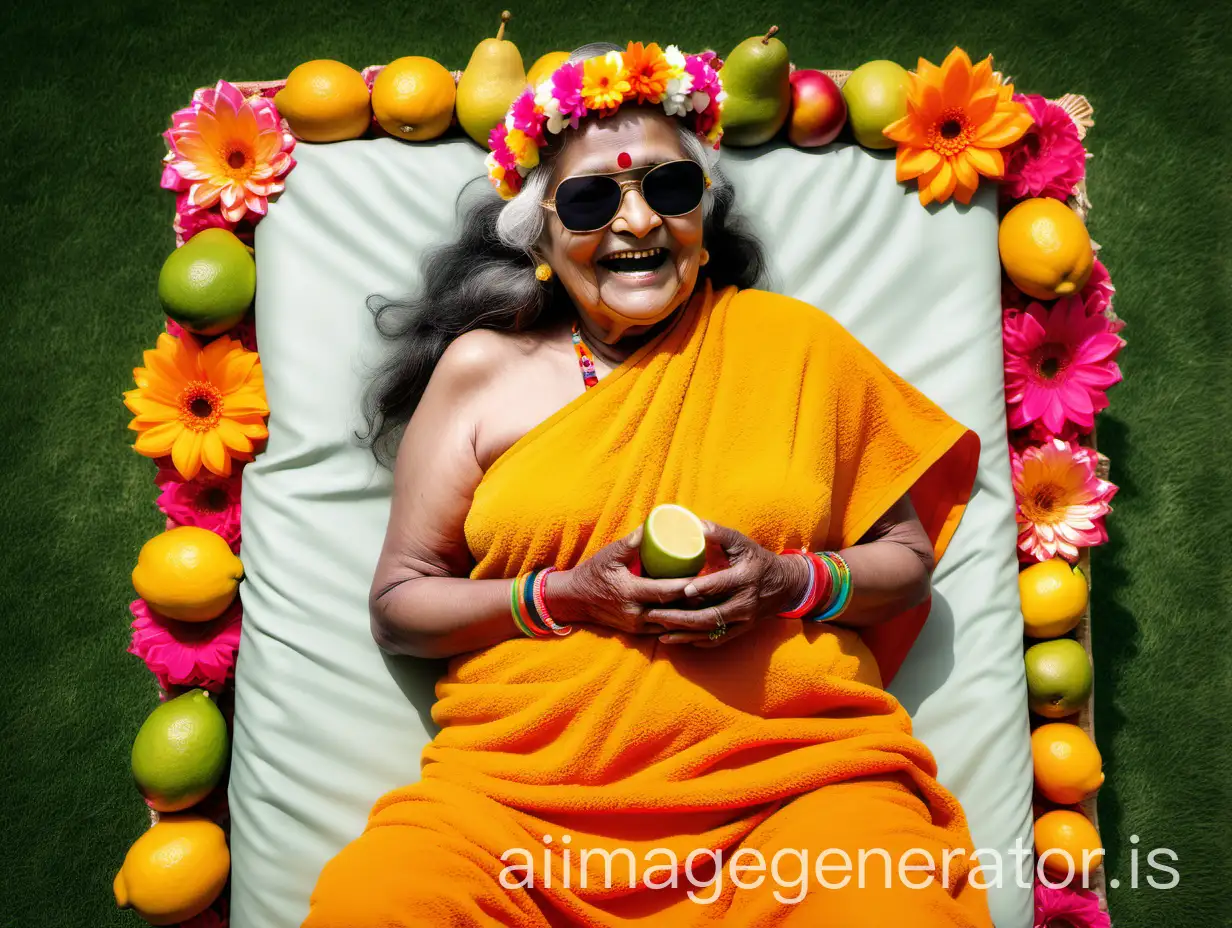 Elderly-Indian-Hindu-Woman-Monk-in-Luxurious-Garden-Setting-with-Fruits-and-Gifts