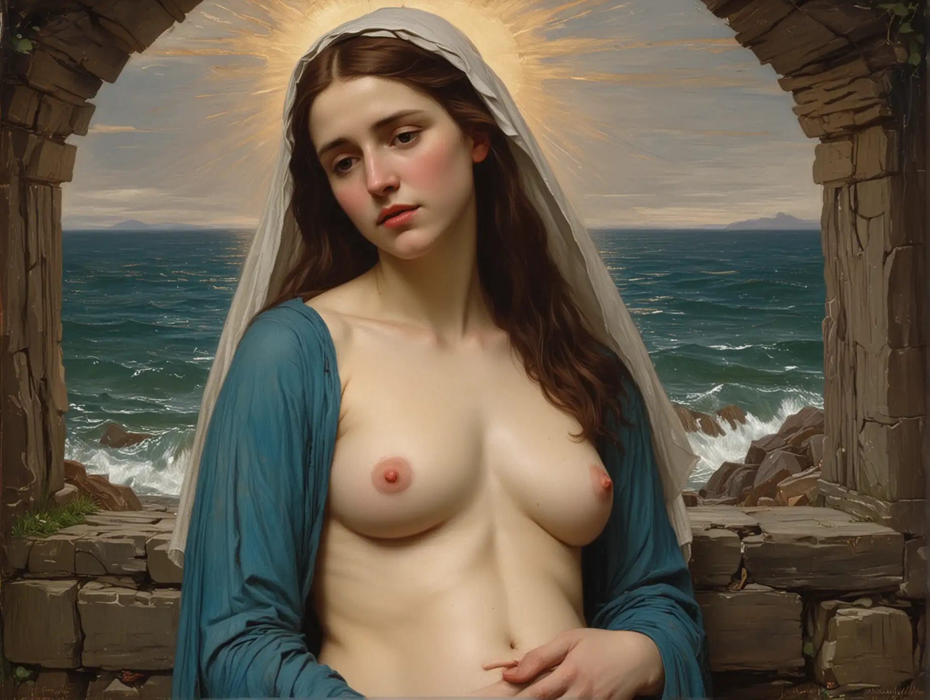 John William Waterhouse portrait of  Pregnant Virgin Mary topless.